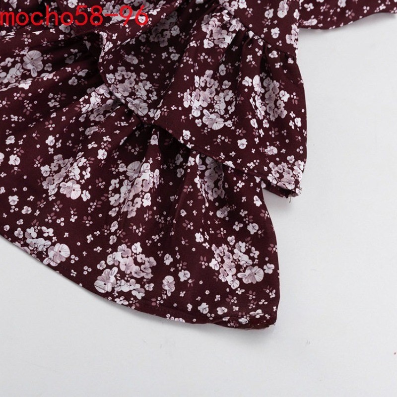 Summer Style Printing V-neck Floral Dress Short Sleeves High Waist Floral Dress