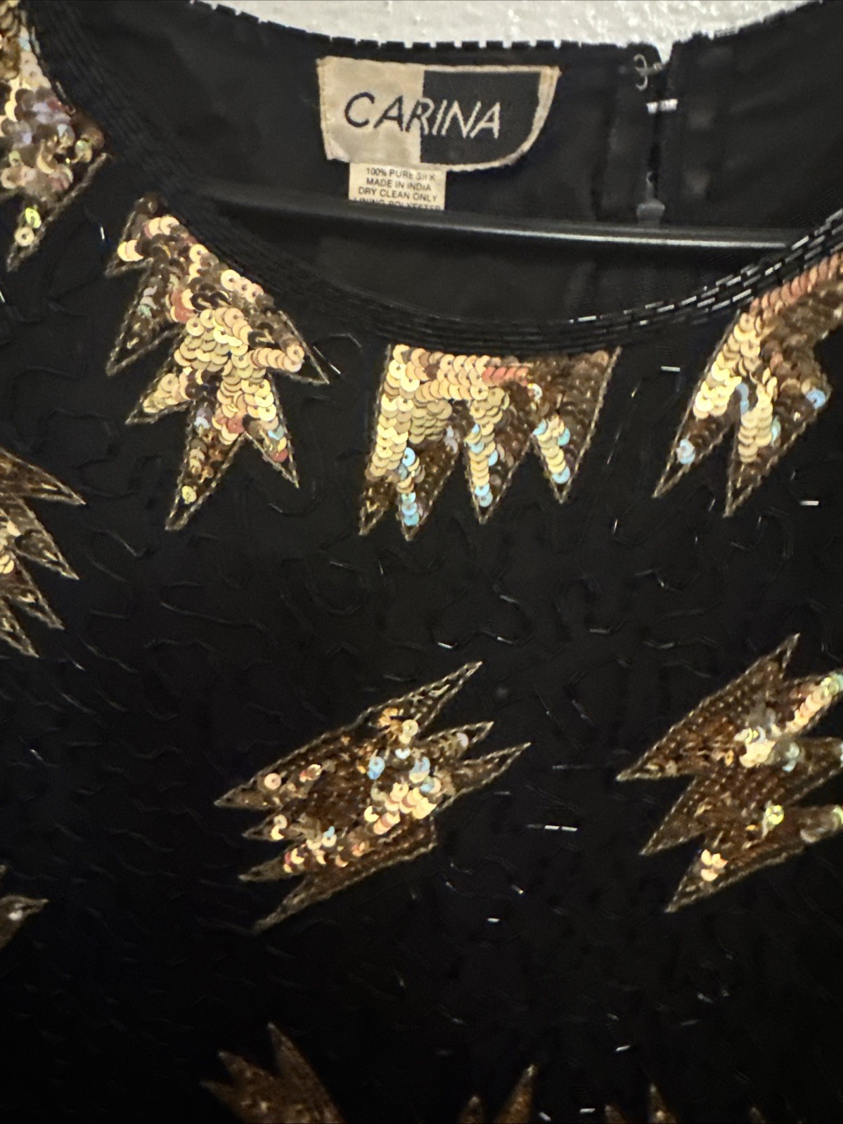 Vintage VTG 1980s 80s Carina Silk Black Beaded Gold Sequin Party Dress Sz 2X