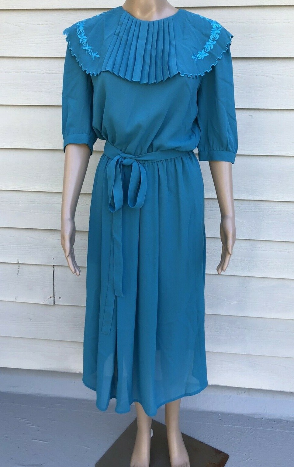 Vtg Billy Jack for Her 11/12 Blue Floral Embroidered Blouson Sheer Belted Dress