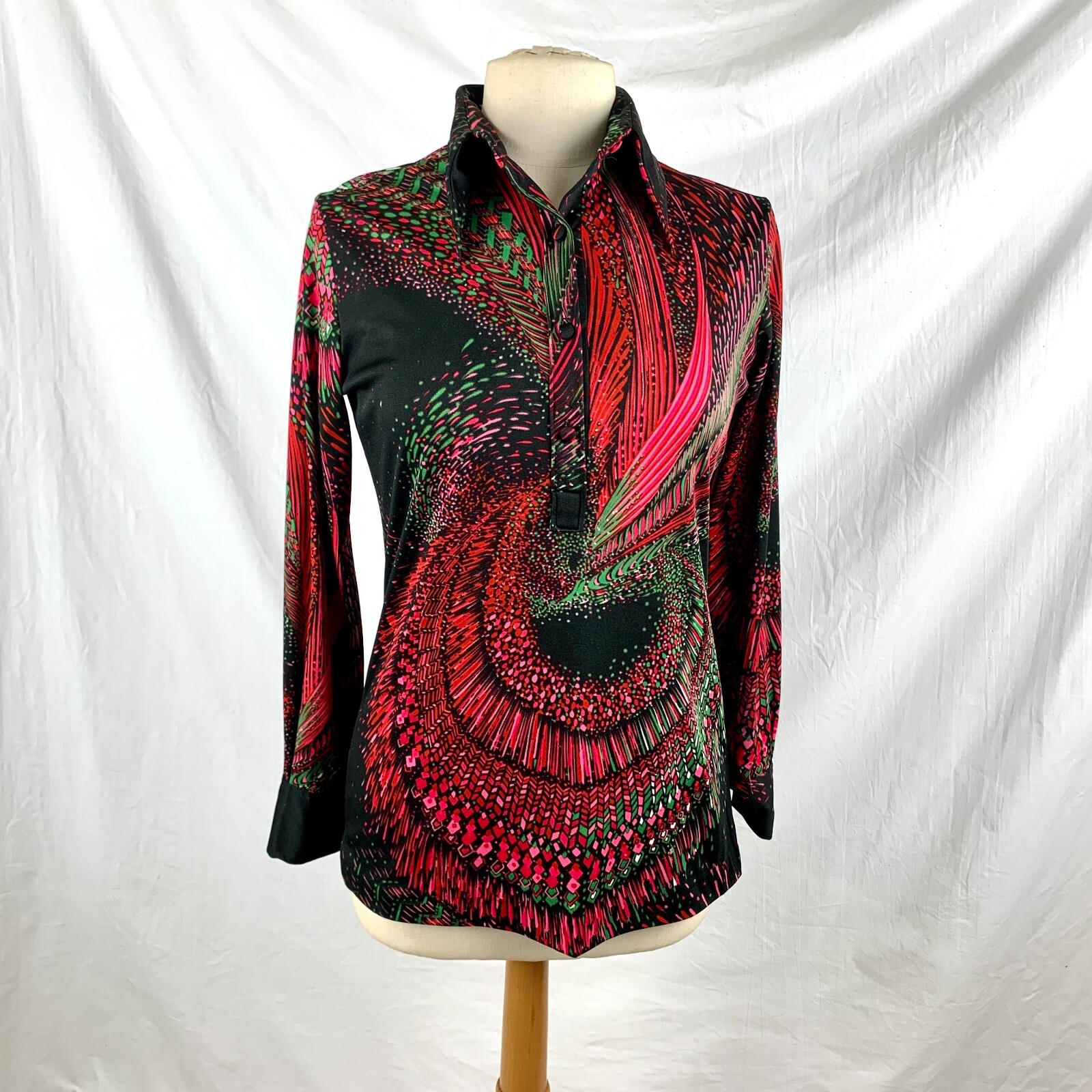 1970s Lanvin Psychedelics Top sz 10 Polyester Long Sleeve Point Collar Excellent