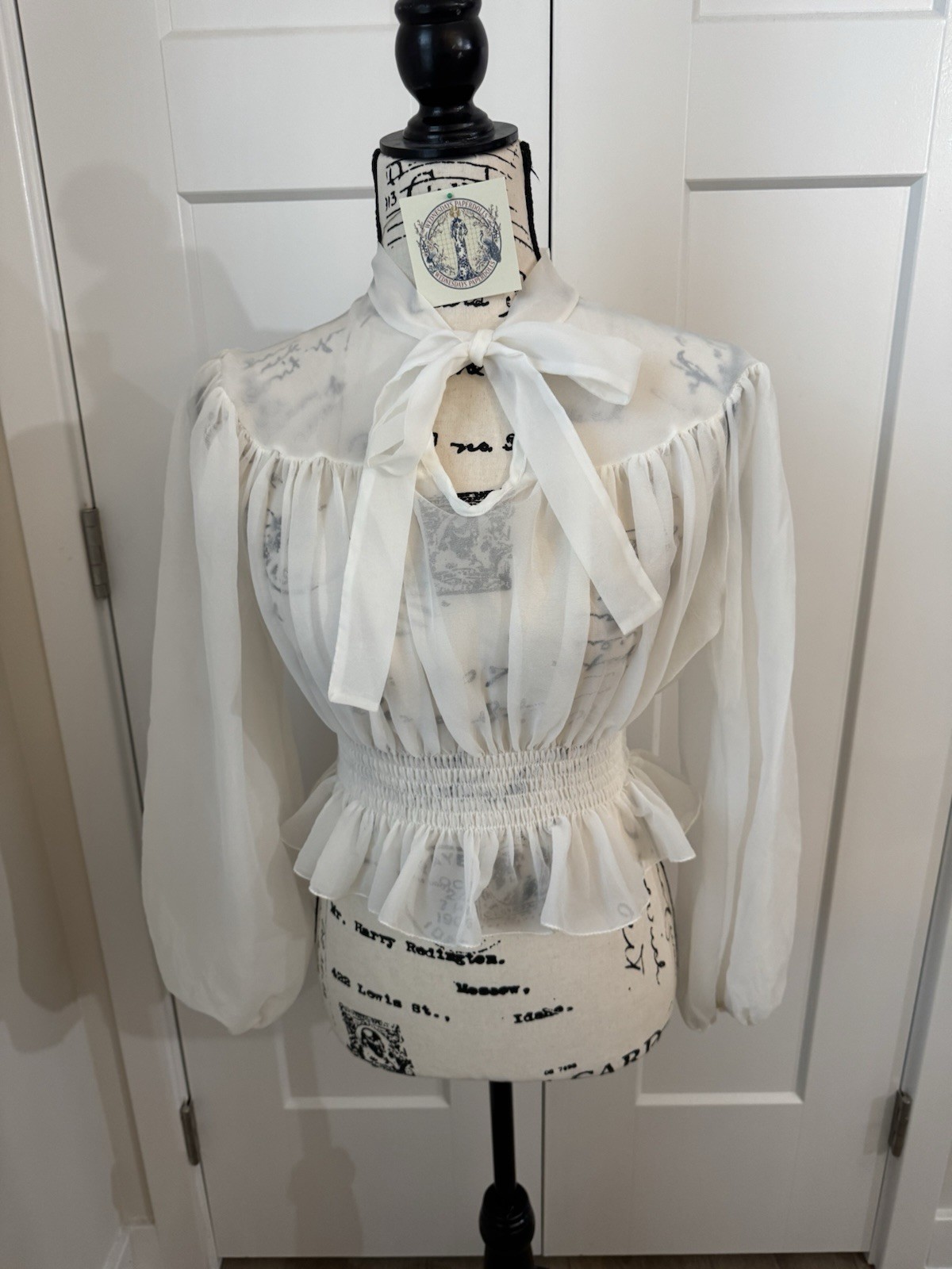 Vintage Sheer Poet Blouse Long Sleeve With Ribbon Tie & Elastic Band Size Small
