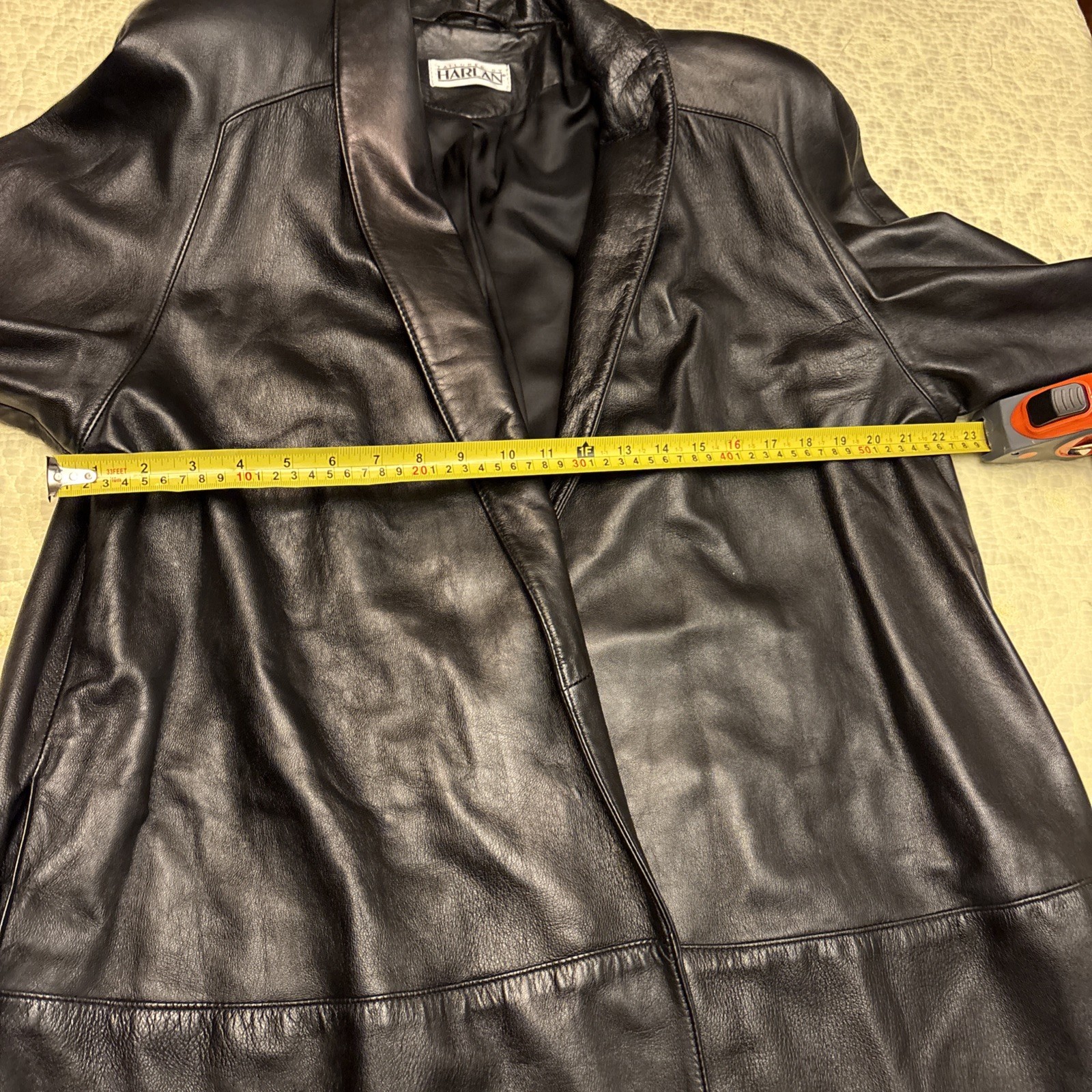 VTG Harlan Leather Coat Woman’s Sz M Black Swing Long Lined Open Front w Gloves