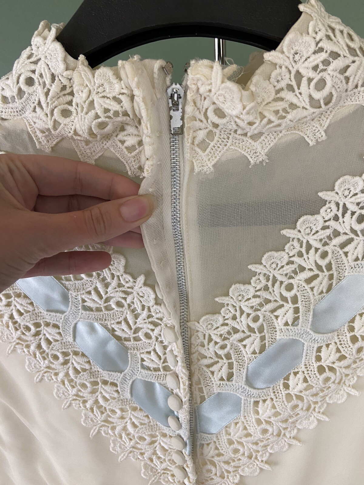 1960s VTG Edythe Vincent Alfred Angelo Lace Long Sleeve Wedding Dress Train Blue