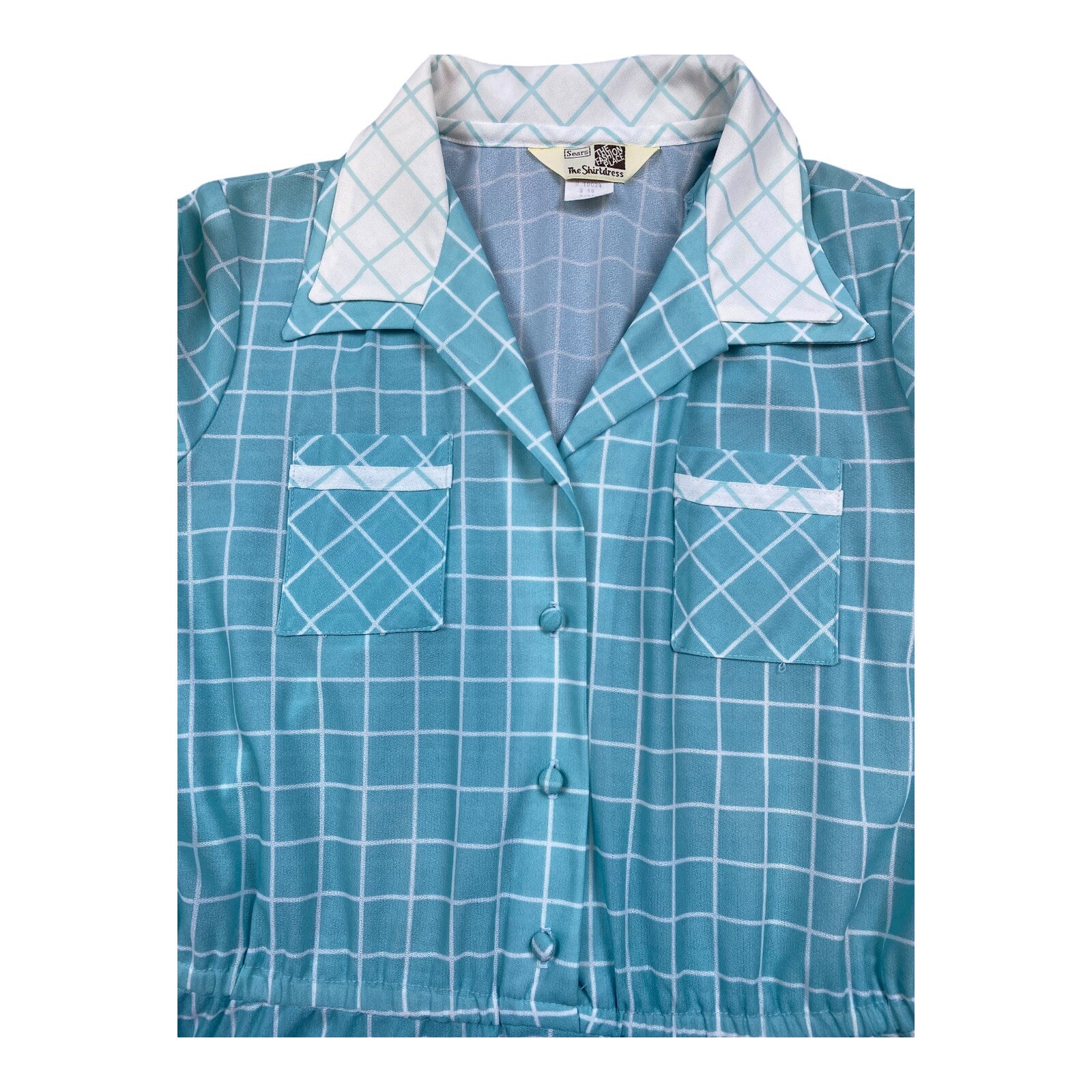 VTG 70s Sears The Fashion Place Shirtdress Blue Windowpane Check Belted Size 14