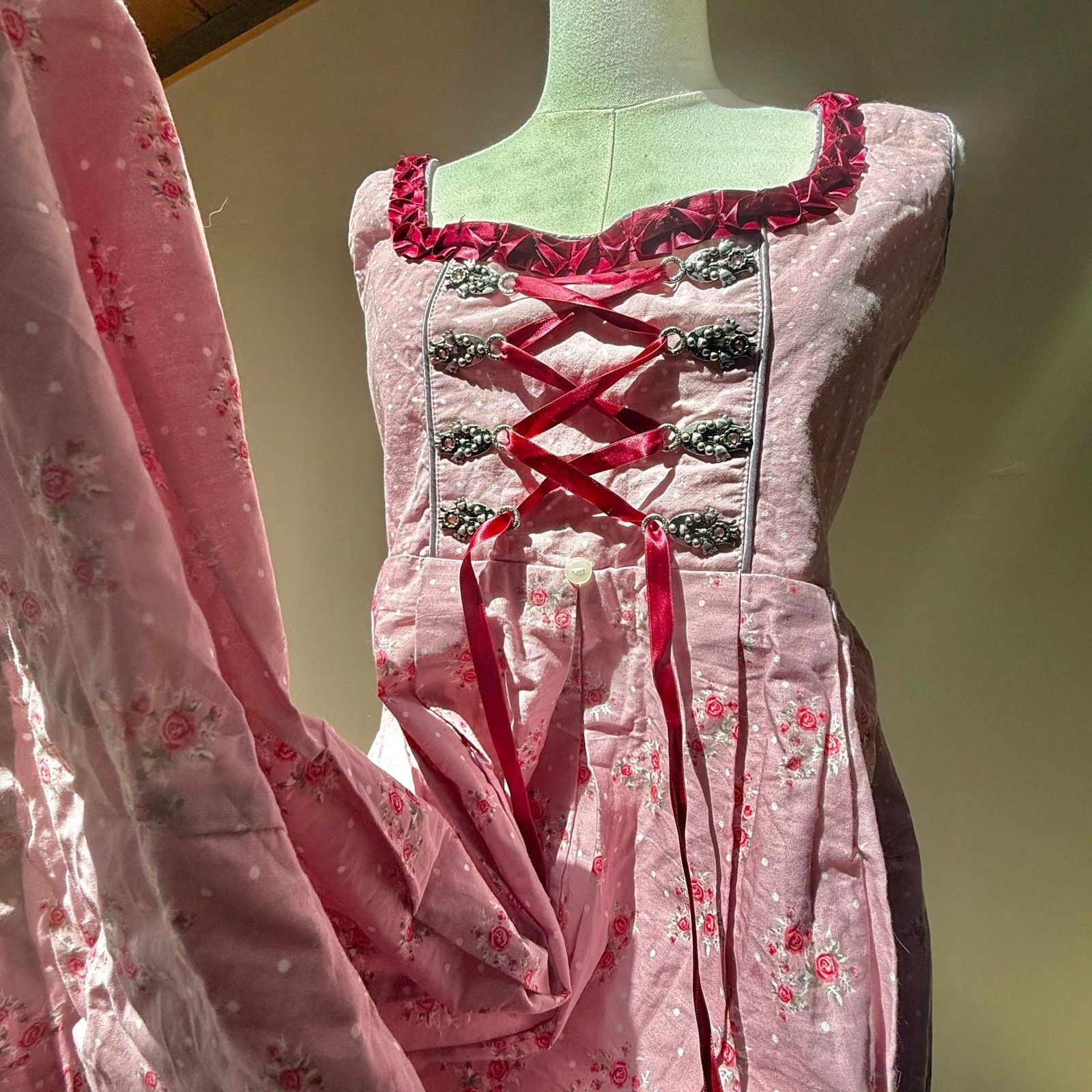 Vintage Pink Floral Polka Dot Traditional Dirndl Dress