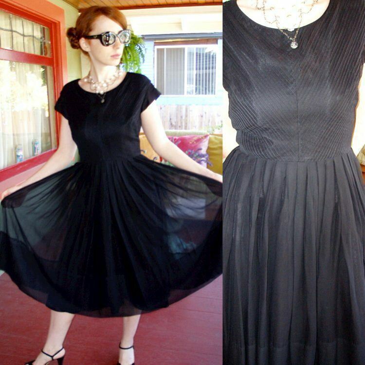 VTG 50s 60s PinUp Girl Dress Full Skirt Black Sheer Chiffon Ribbed S/M