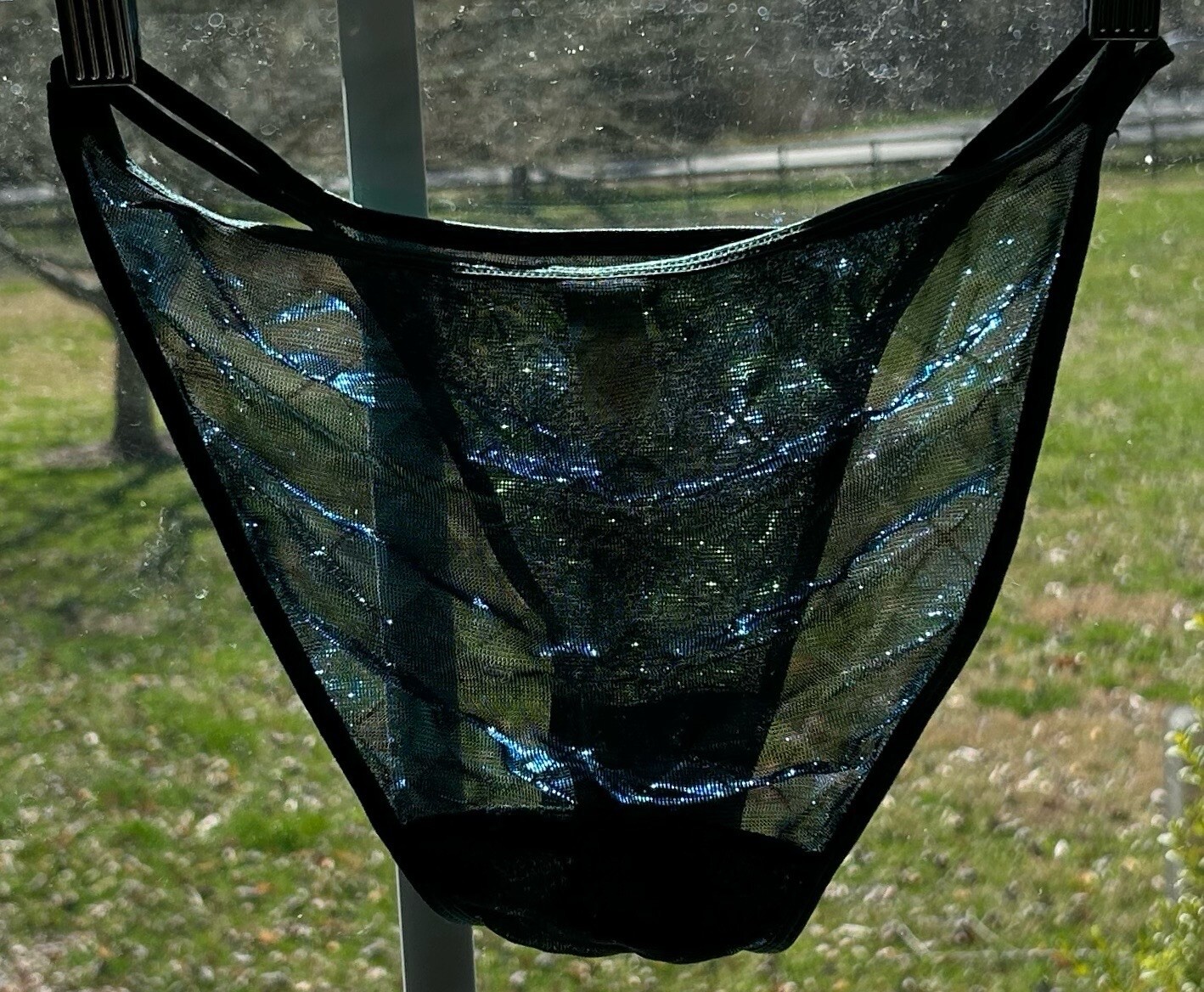 Van Dale Blue Shiny Silky Mesh String Bikini Nylon Panties Womens M NOS