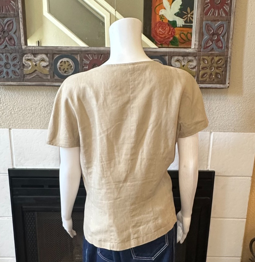 Claude Bennett Short Sleeve 100% Linen Size 12 tan button up blouse vtg