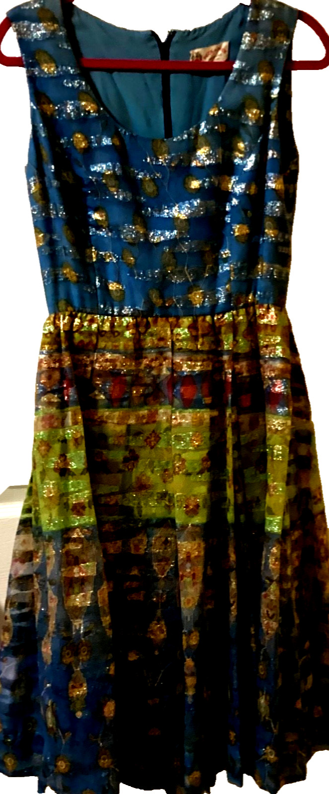 Vintage Peck & Peck Fifth Avenue Metallic Brocade Party Dress Blue Green A-Line