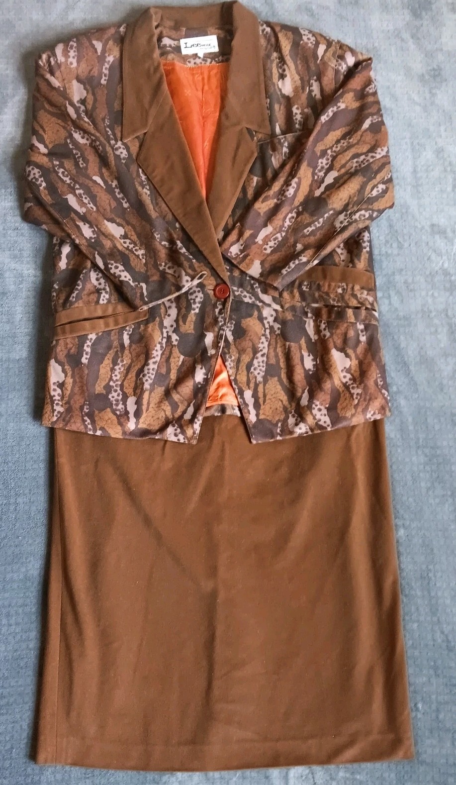 Vintage Lee Camo Tree Bark 2 Piece Jacket Skirt Suit Set Brown Velvety Artsy