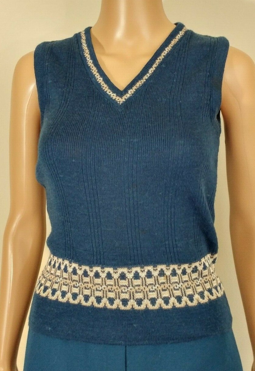 Vintage 1970s Panther Turquoise Vest & Skirt Set A-Line Knit Small 5/6