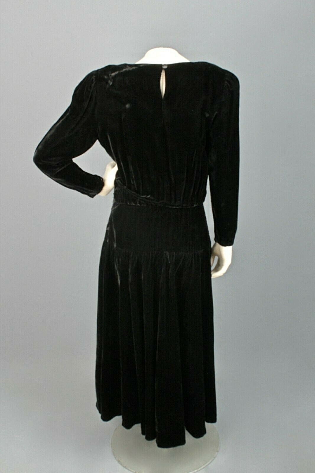 VTG Women’s 80s (30s Style) Black Velvet Dress Sz S 1980s 1930s