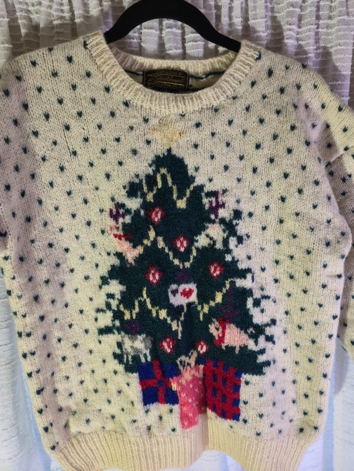 Vintage 1989 Eddie Bauer Christmas Tree Wool Sweater Farm Animal LARGE Holiday