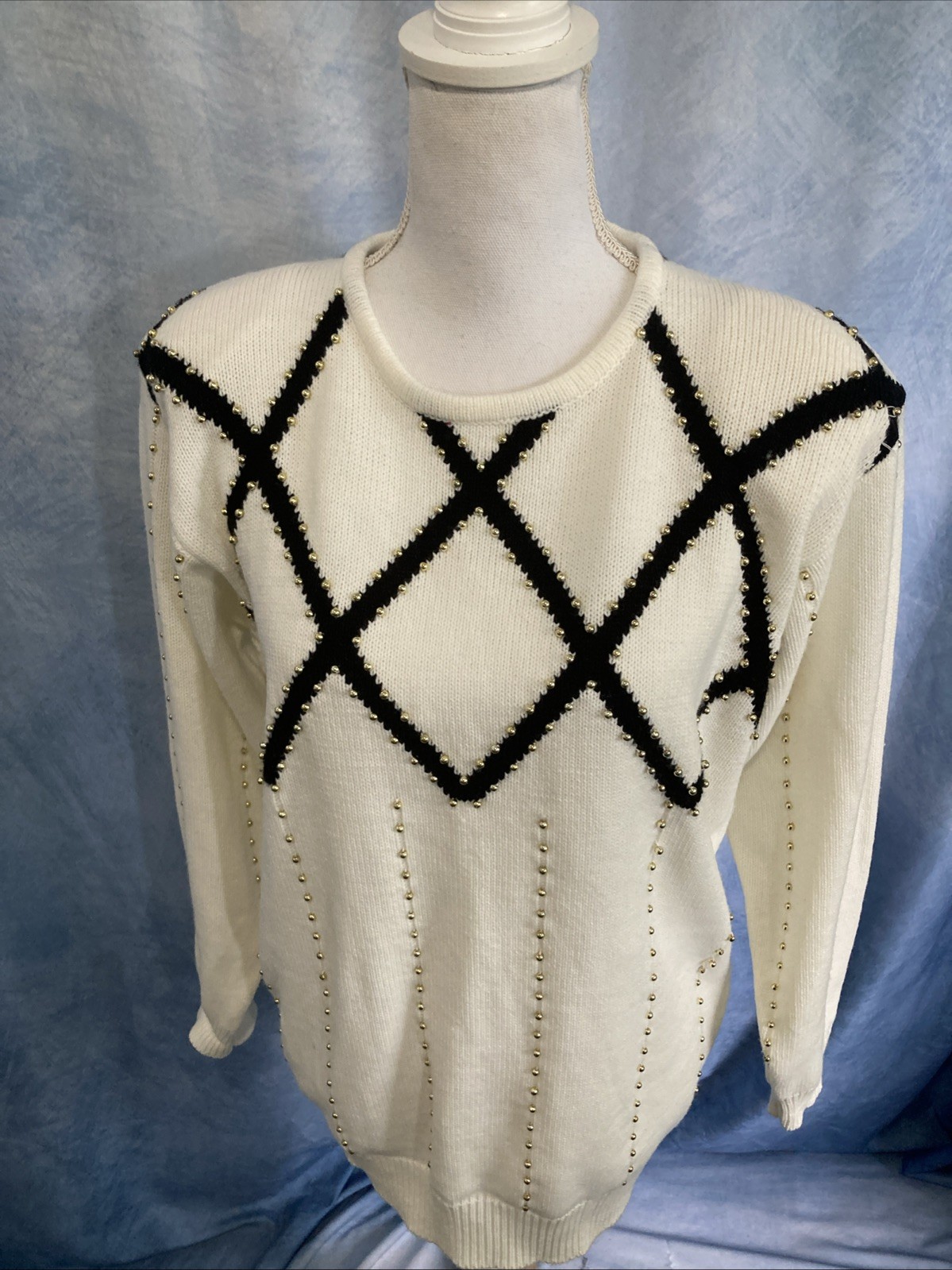Vtg 80s 90s Regency Collection Joyce Beaded Lattice Diamond Knit Sweater M STAIN