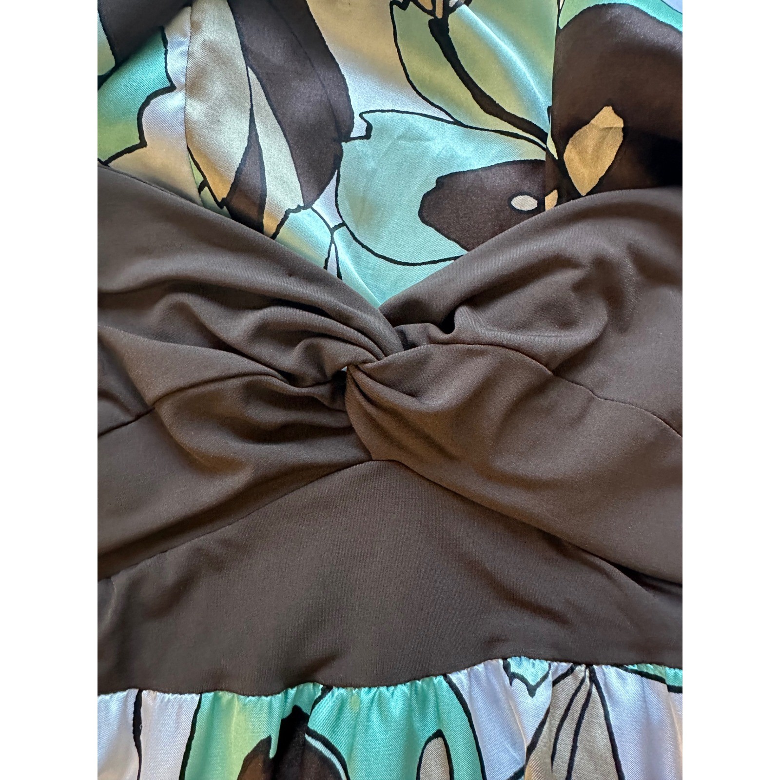 Candie’s Y2K Floral Maxi Dress XL Brown Aqua Empire Waist Satin 2000s Boho Indie