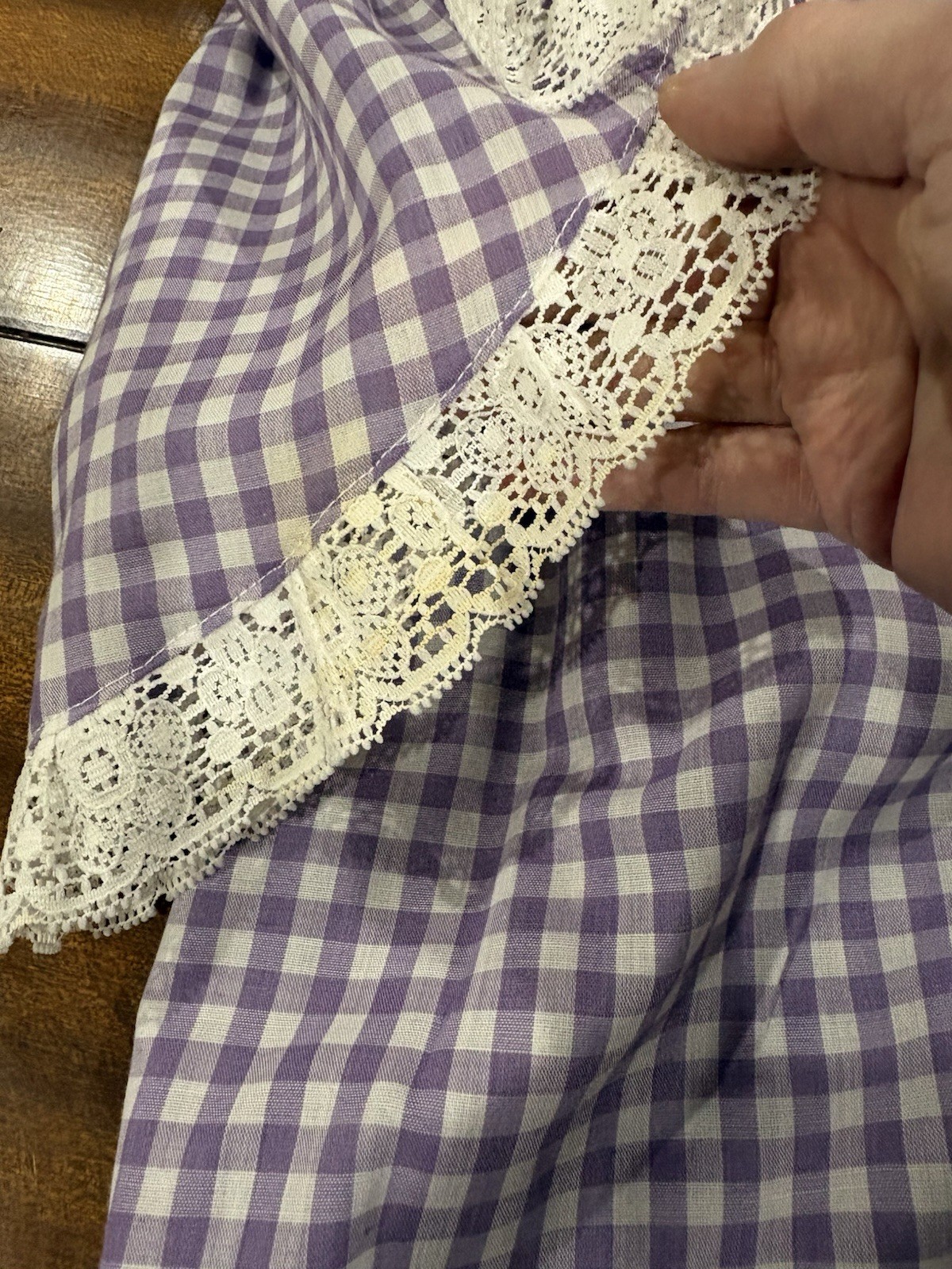 Prairie Style Lavender Gingham Long Dress Sz S Lace Floral Cottage Core Handmade