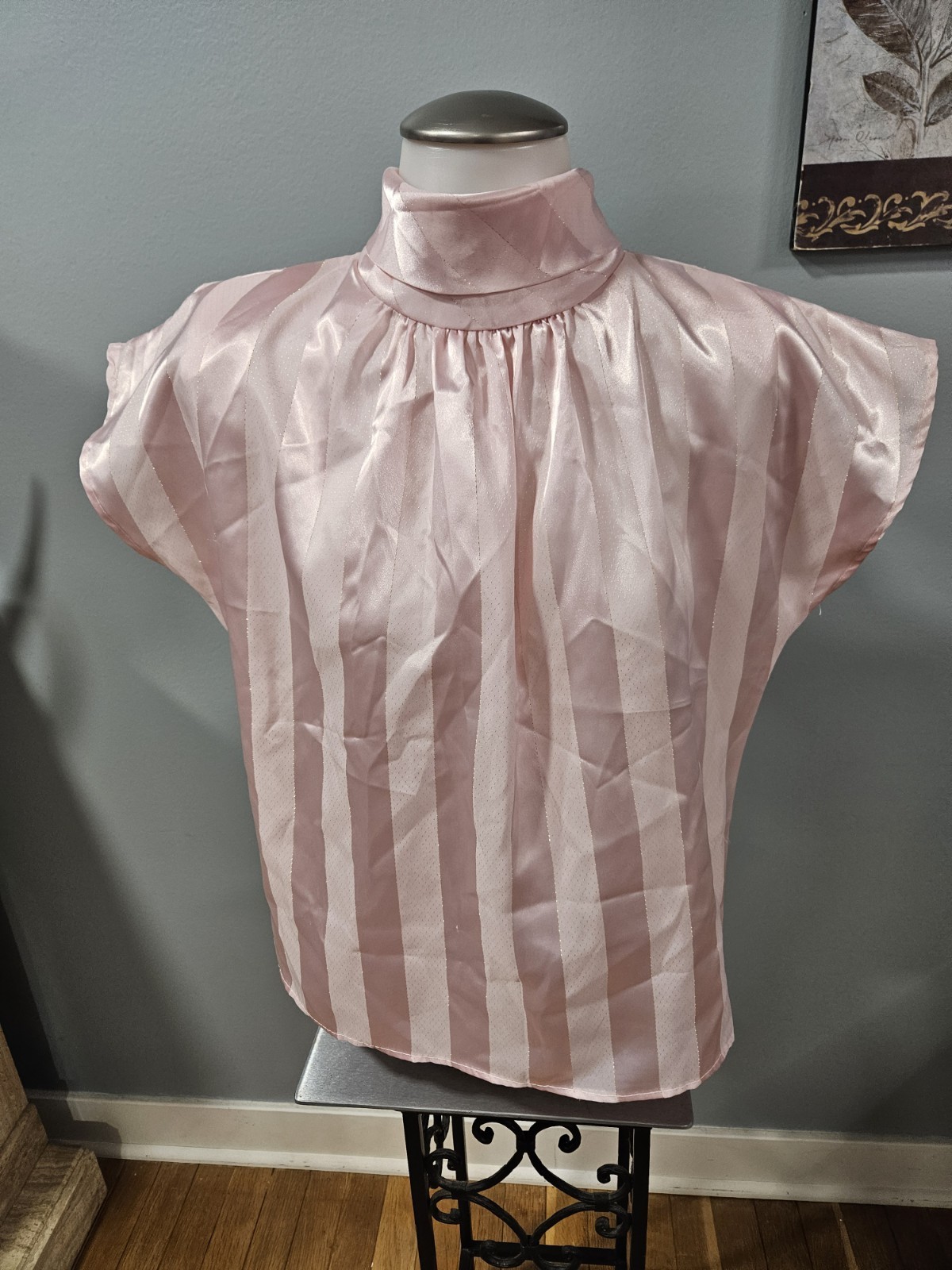 Cristina Vintage 80s Rose Pink & Cream Stripe Satin Blouse Sz Small