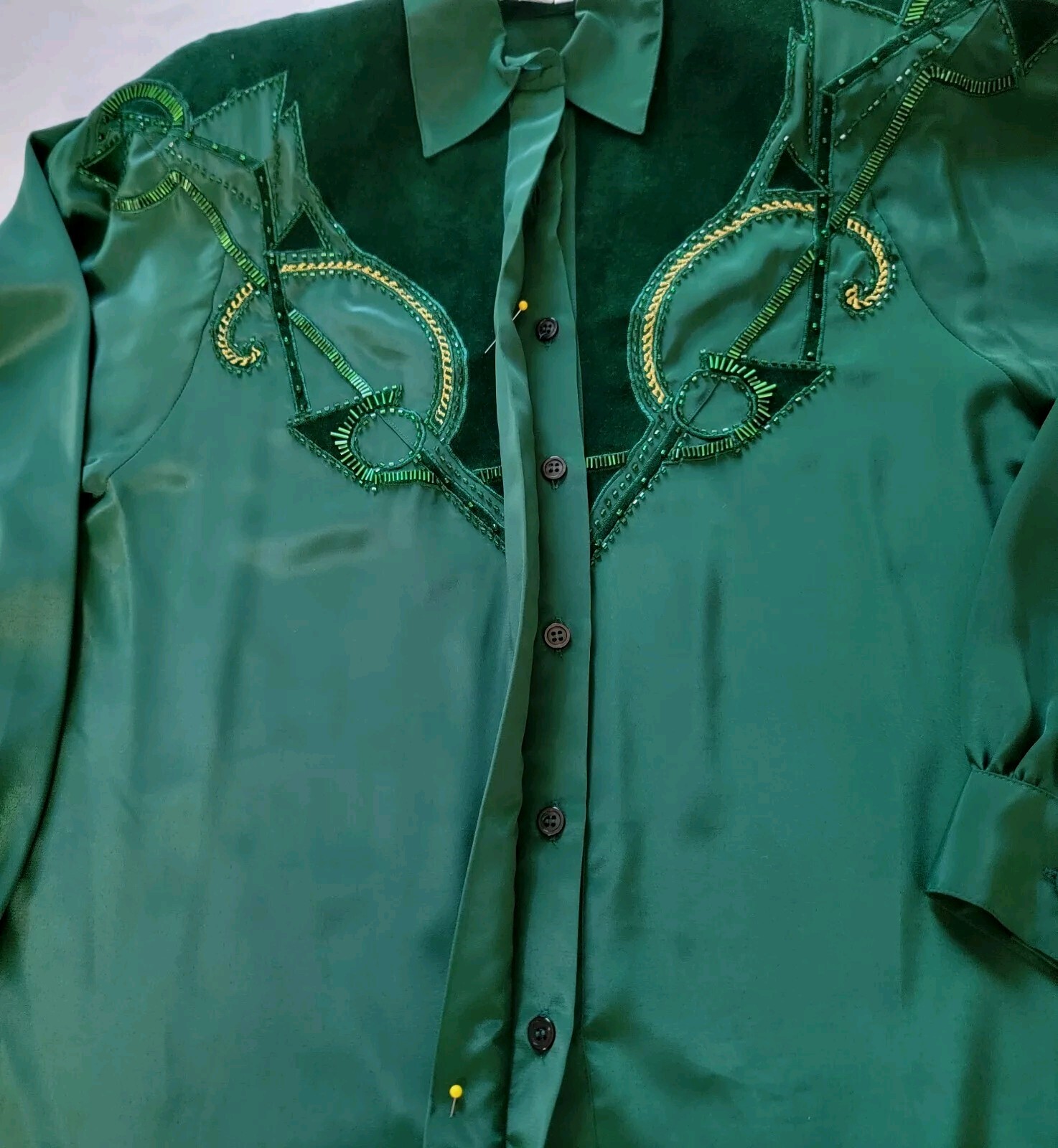 VTG Western Cowgirl Rodeo Baroque Sequin Suede Beaded Embroidery Blouse Green M