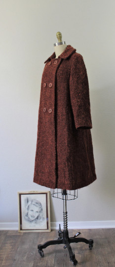 Vintage 60s I. MAGNIN Copper Rust Wool MOHAIR Double Breasted Pea Coat