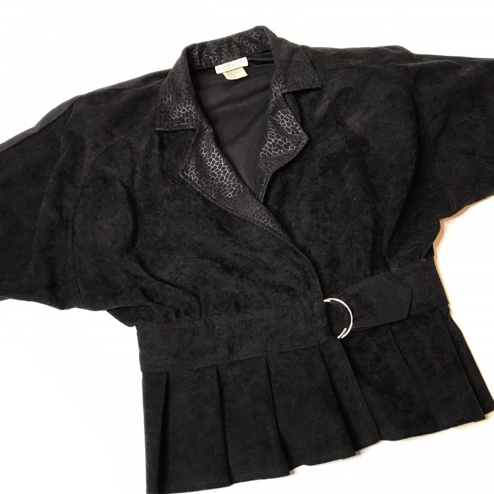 VINTAGE Blondie & Me SZ 9 (M) Black Faux Suede Peplum Blazer Jacket Top 80s
