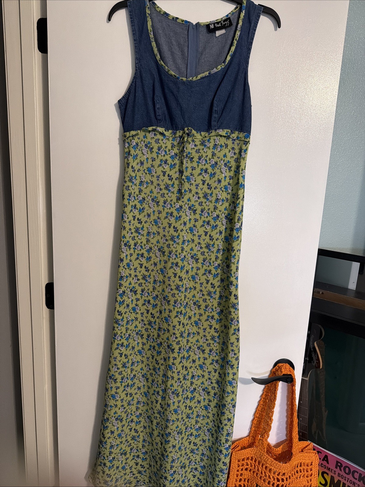 Vintage 90s All That Jazz Juniors Denim/? Floral Maxi Dress Sz 9/10
