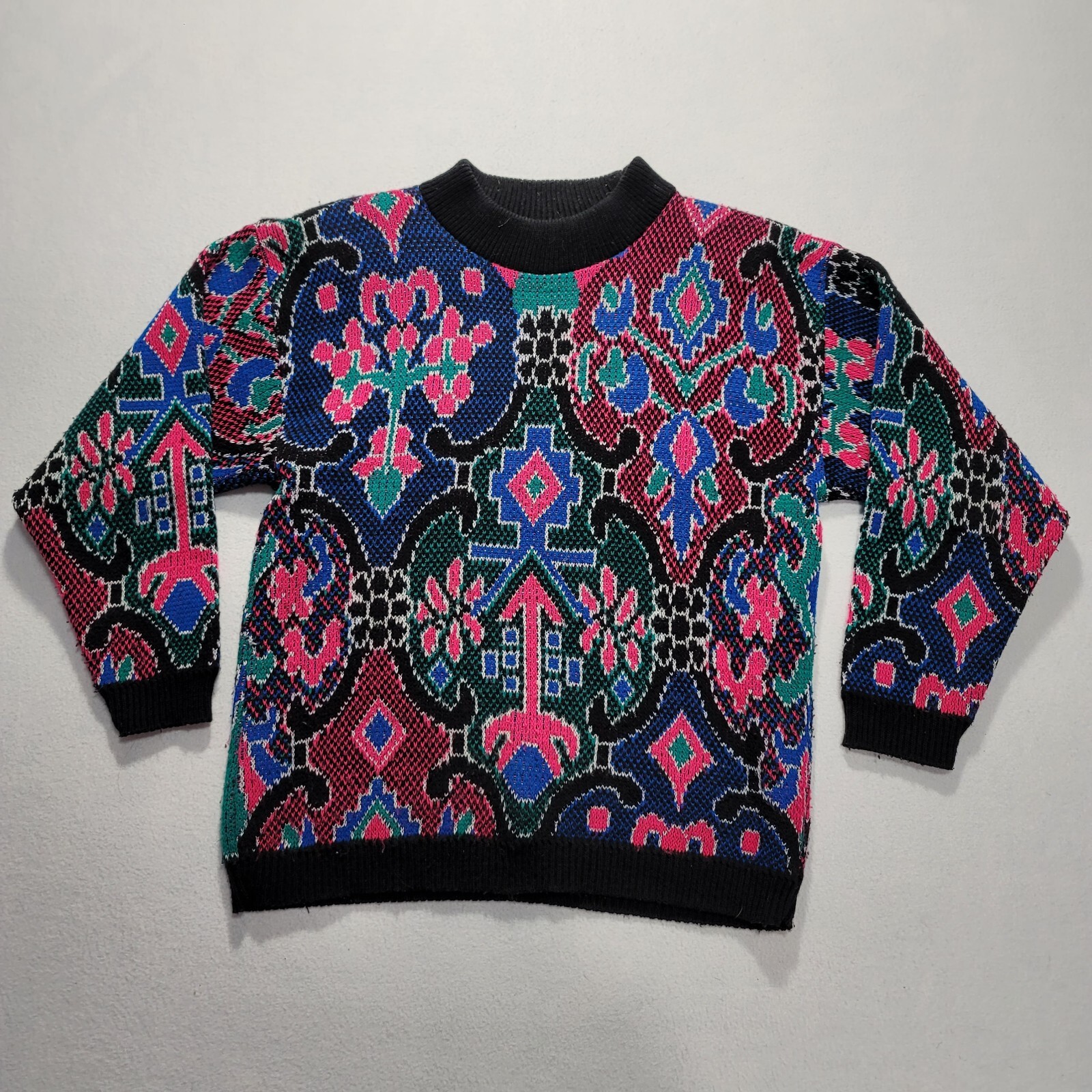 Glamour Knit Vintage 80s Sweater Made in USA shoulder pads pink blue black green