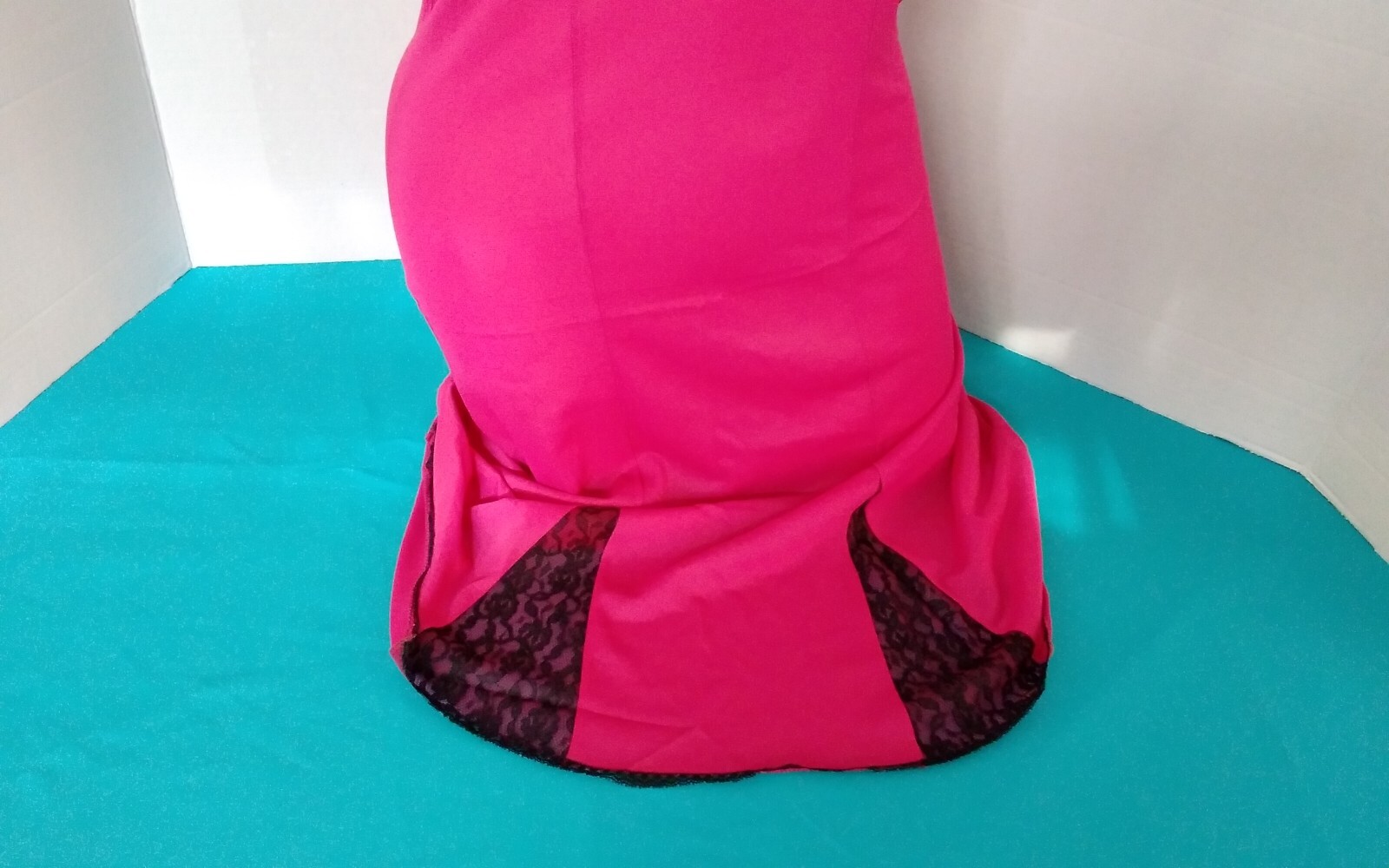 Vintage 60’s Full Slip Dress Chemise European Retro Dark Pink Black Lace M