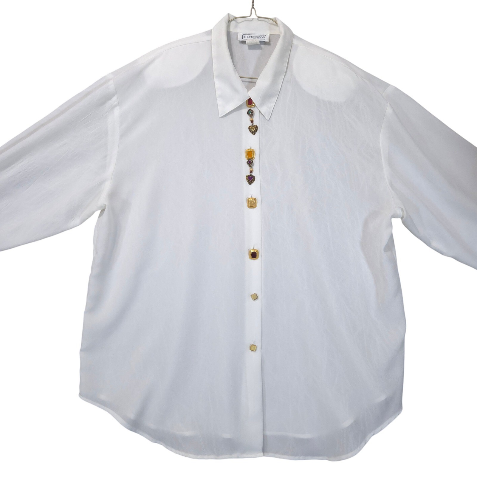 Vtg Impressions of California Jewel Heart Charm Blouse XL Button Down Shirt