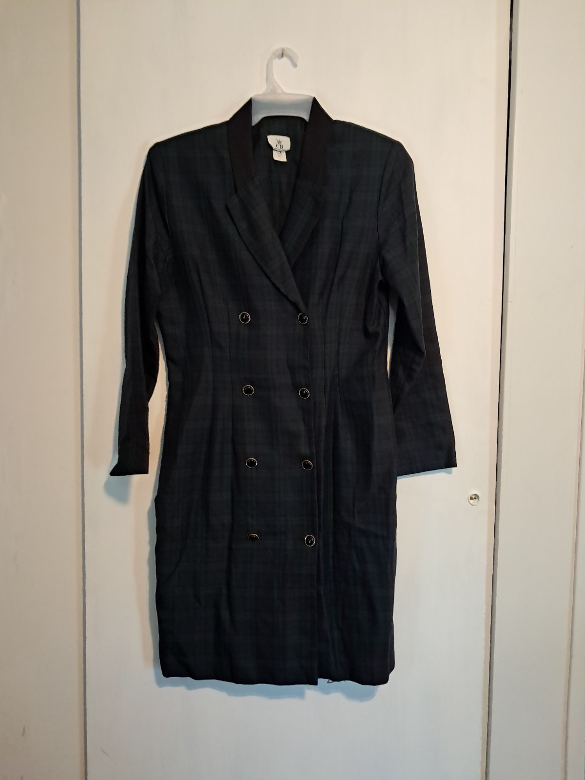 Vintage 90s Plaid Double Breasted Coat Dress CB New York Sz 14 U.S.A. Green/Blue