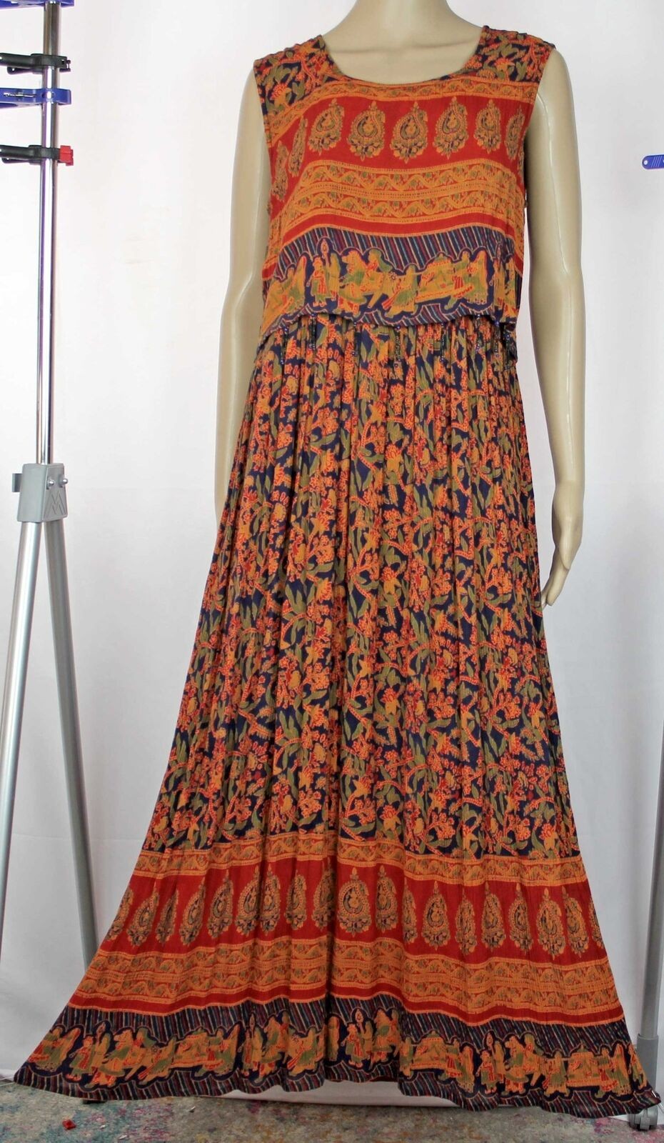 Vintage Rayon Maxi Dress Boho Festival Hippie India Glass Bead Tassels M