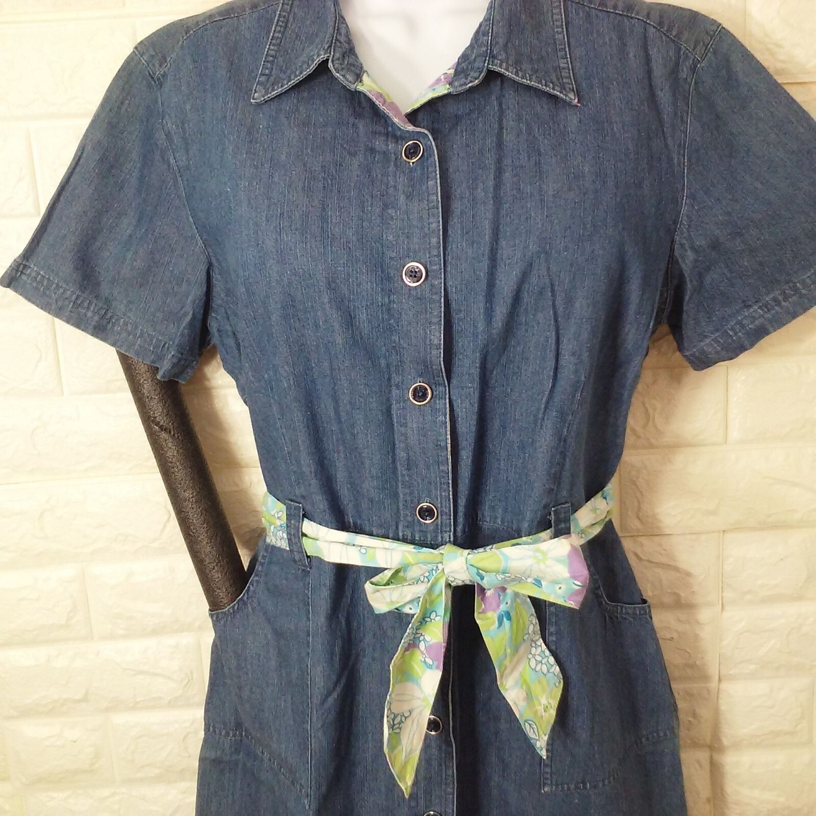 Vintage 90s Erika Denim Button-Front Shirt Dress XL(16) Pockets SSL Floral Belt
