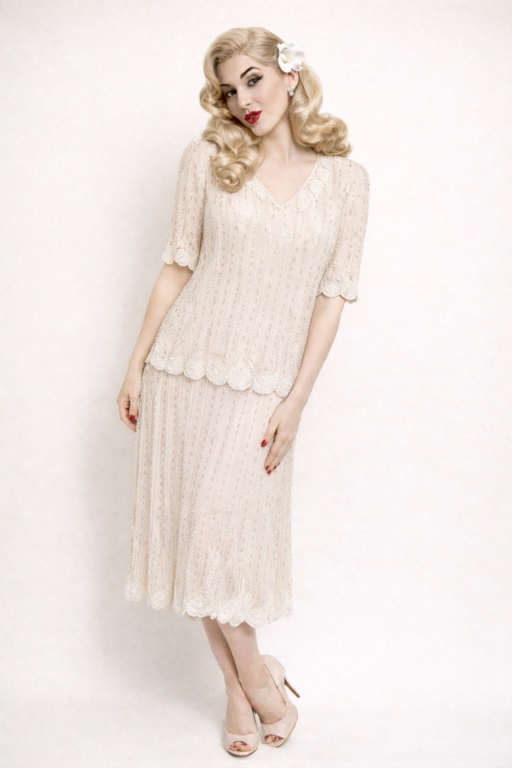 VTG 80’s Beaded Blush Silk Ensemble 1920s Flapper Style Size Med. Hollywood Glam