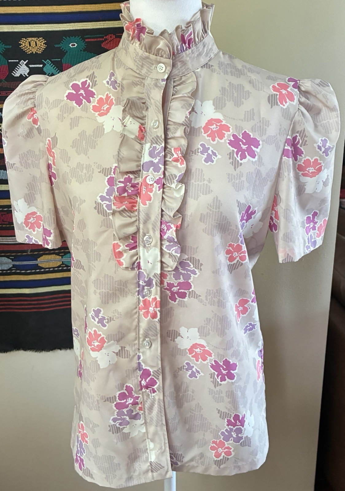 Vintage 80s Lucky Winner Ruffled High Neck Blouse Secretary Geek USA size M