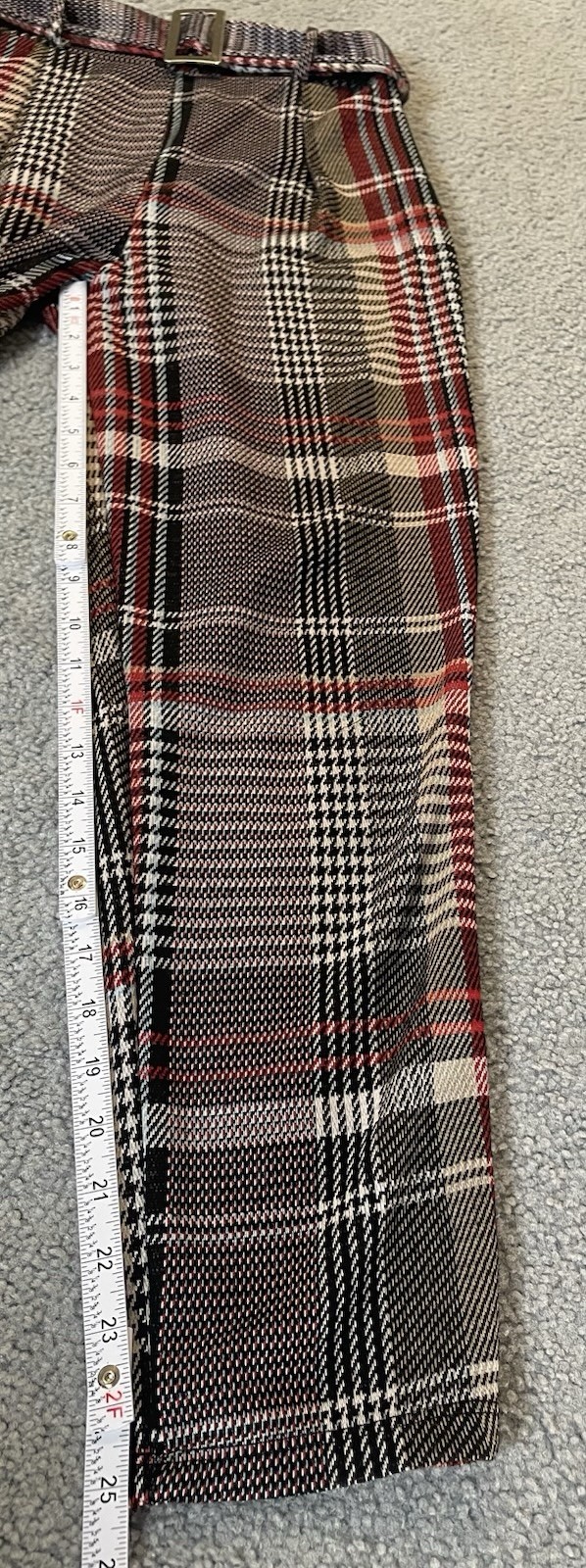 Vtg 70s Belted Plaid Crop Pants Womens Sz S Black Red Straight Leg Retro Preppy
