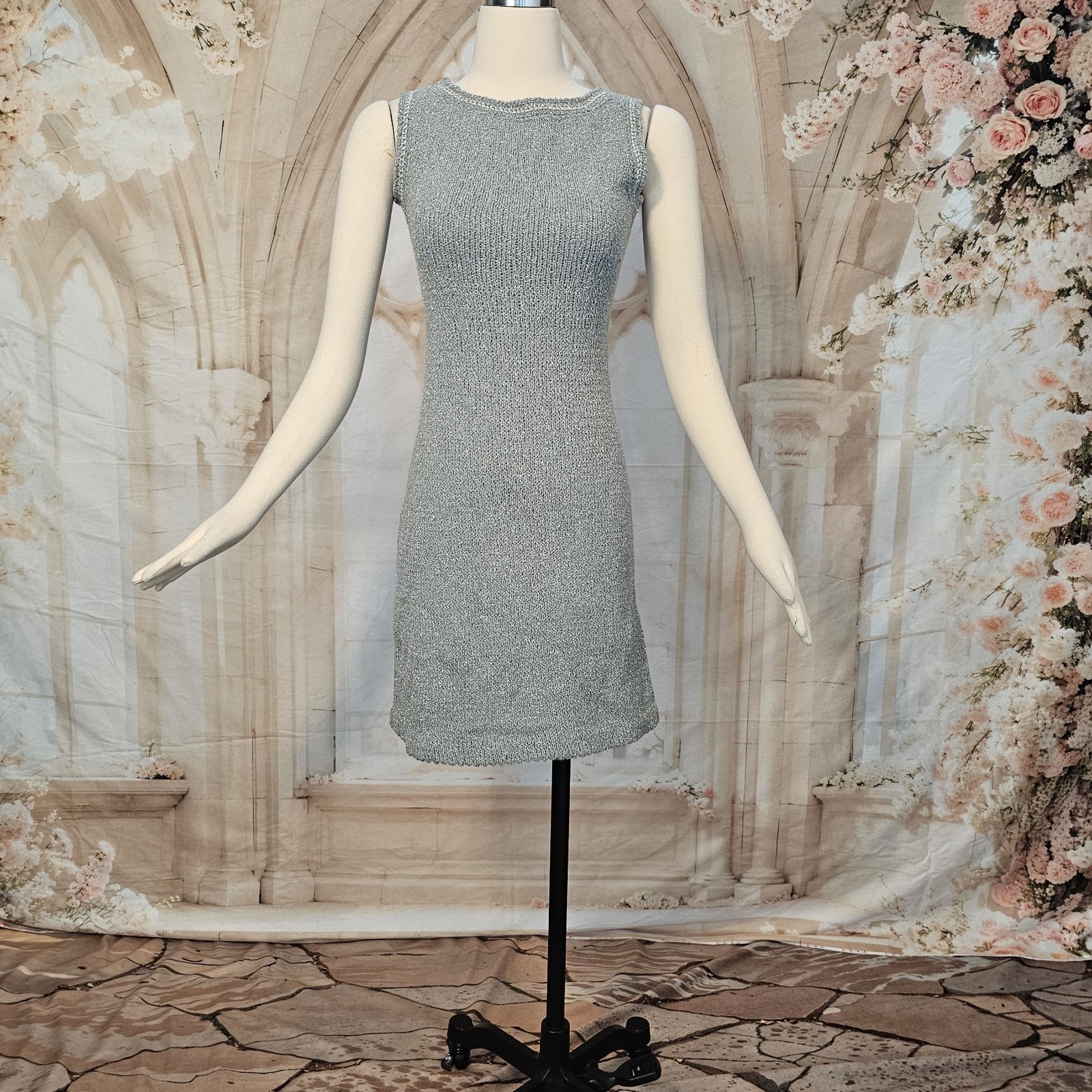 Vintage 1960’s Dress Minidress Silver Gray Metallic Knit Sleeveless Retro Disco