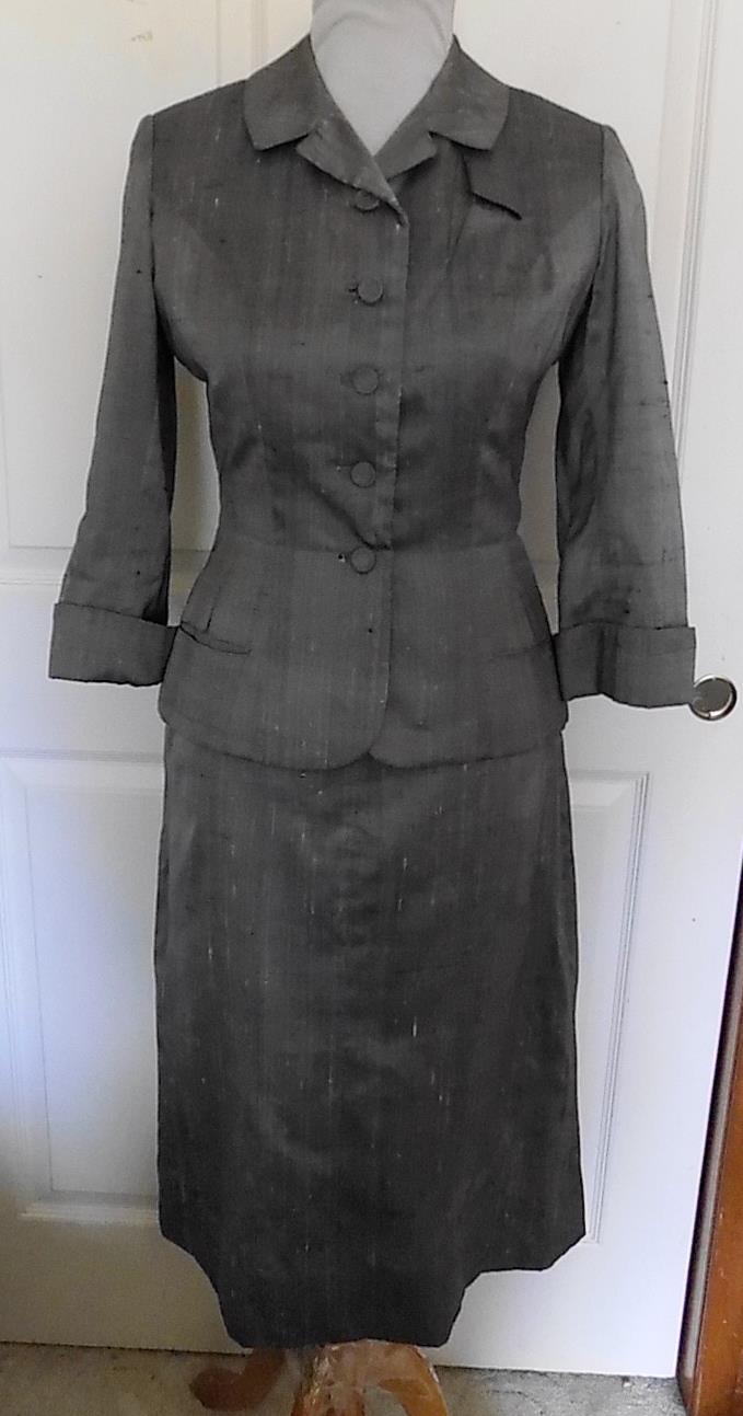 Vintage 50s Silver Gray Shantung Tailored Suit I Magnin B34