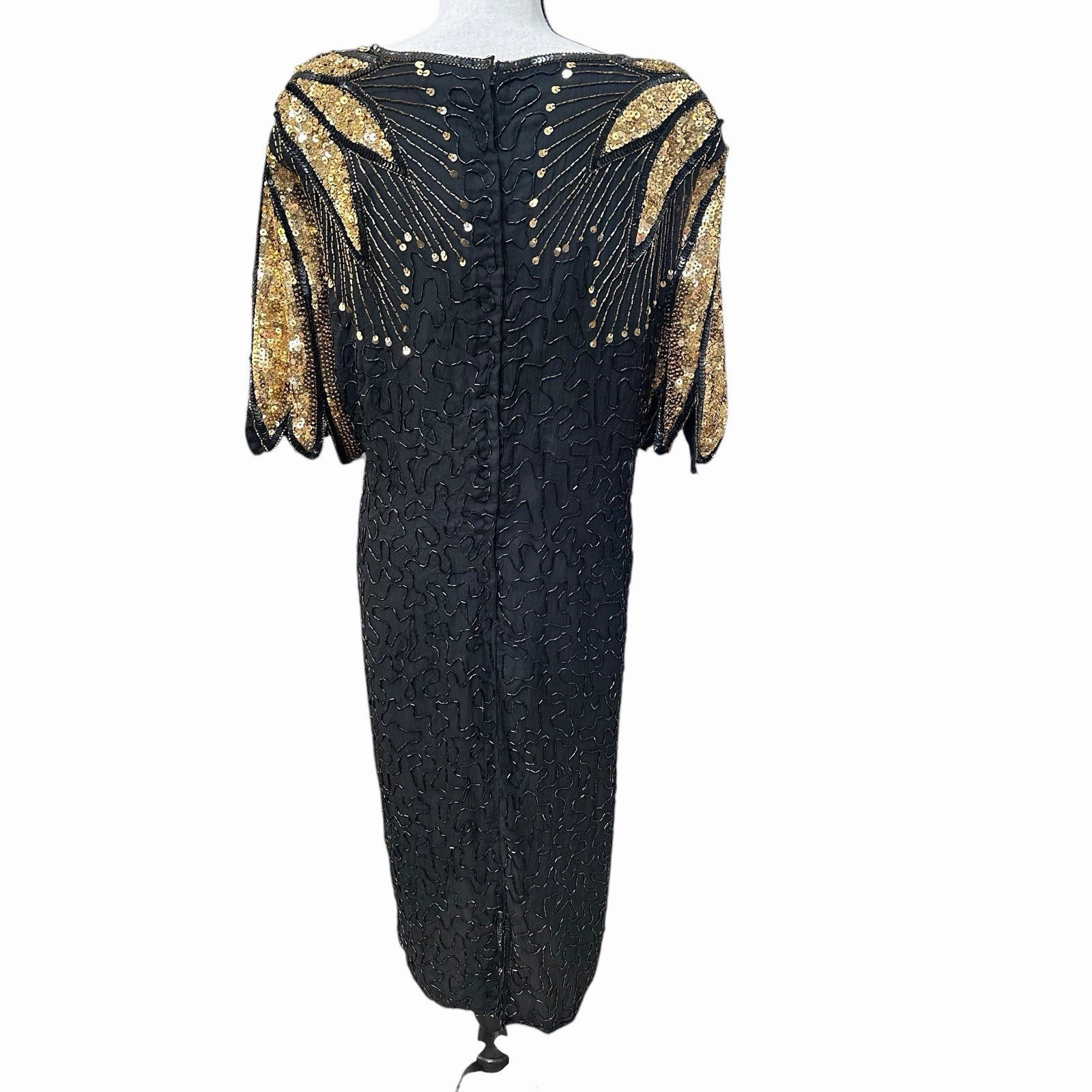 VTG 80s 90s Silk Beaded Sequin Dress Art Deco Gatsby 26W Kazar Style