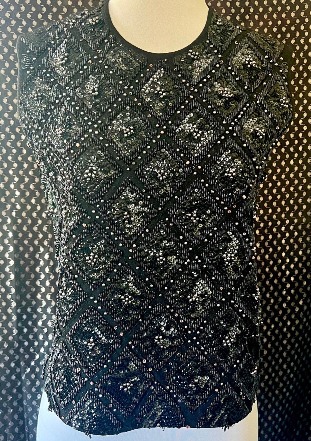 Black sequin and seed beaded stretch jersey evening top vtg 60s