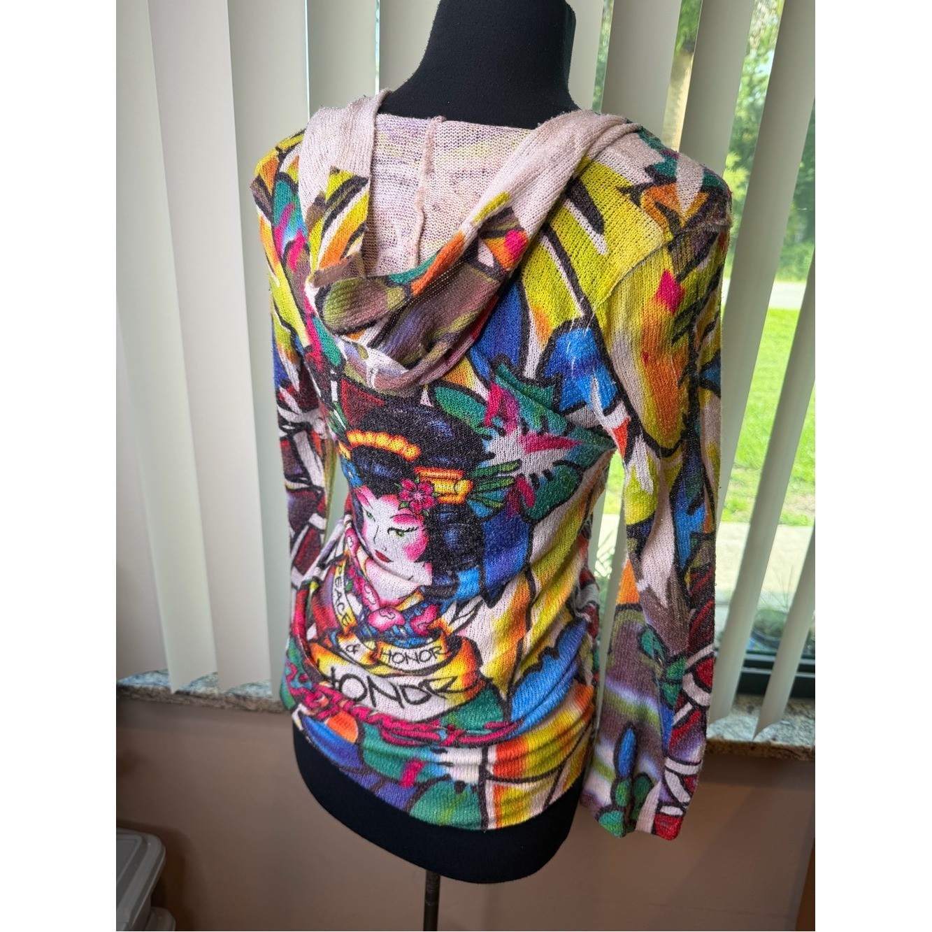 Y2K Vintage Ed Hardy knitted hooded sweater geisha art print Size Large