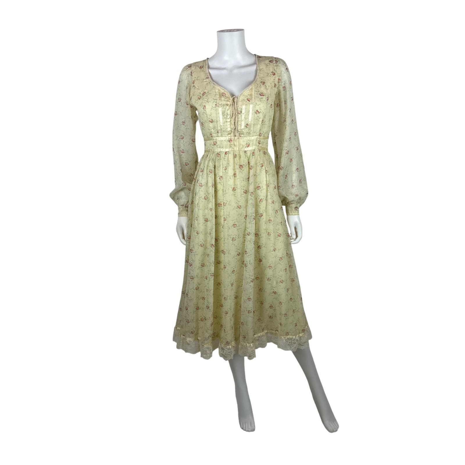 Vintage 70s Prairie Dress Womens Small Pink Rose Print Long Sleeve Gunne Sax