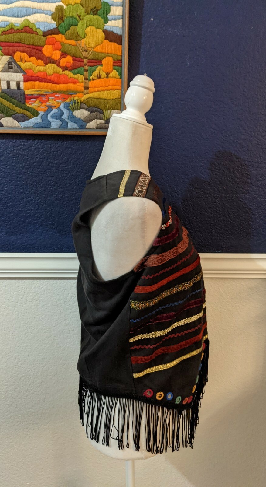 VTG HG NY Vest Fringe Ribbon Black Velvet Floral 100% Cotton Sz Medium M