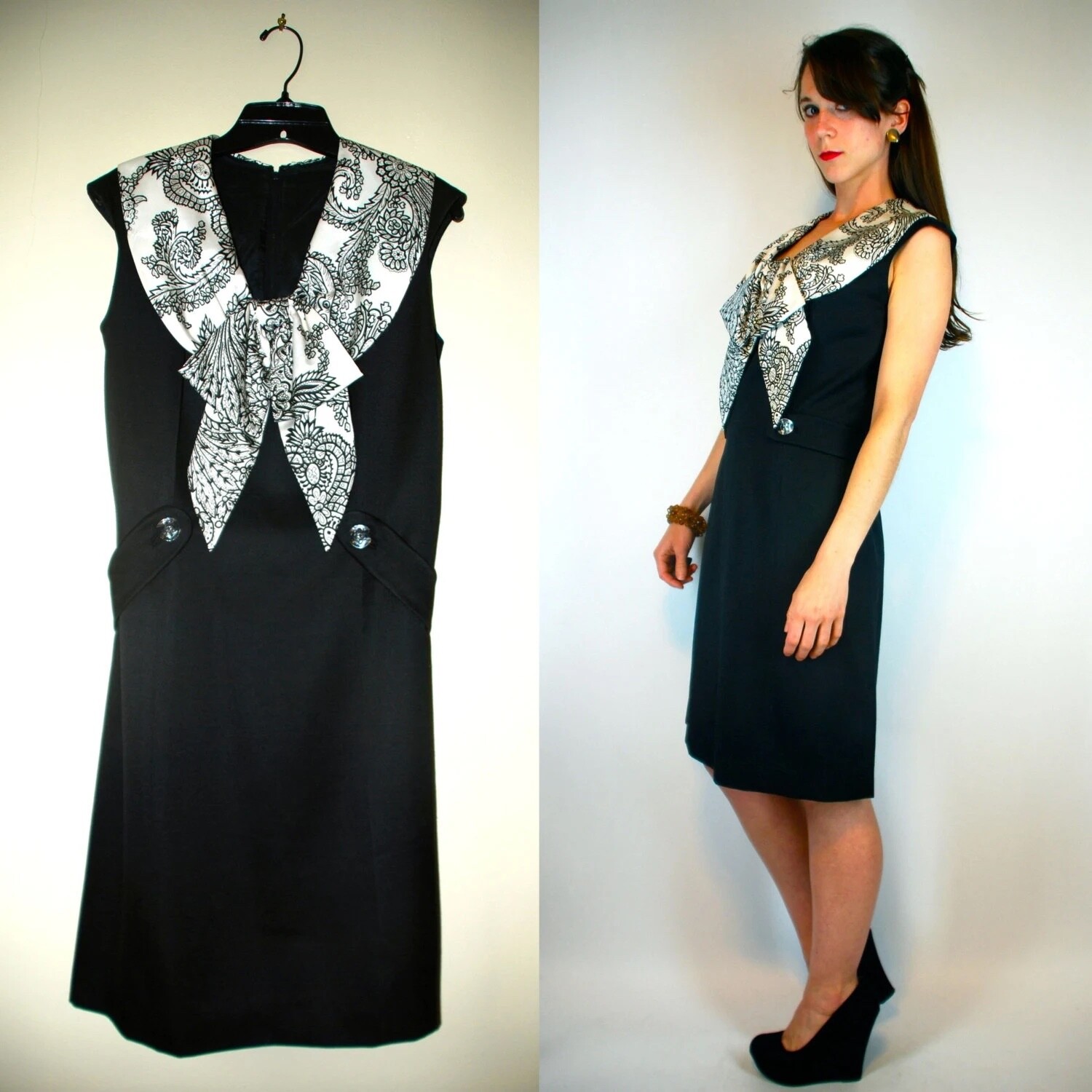 Vintage 60s Mod Black & White Scarf Silk Dupioni Shift Dress Mid Century Office