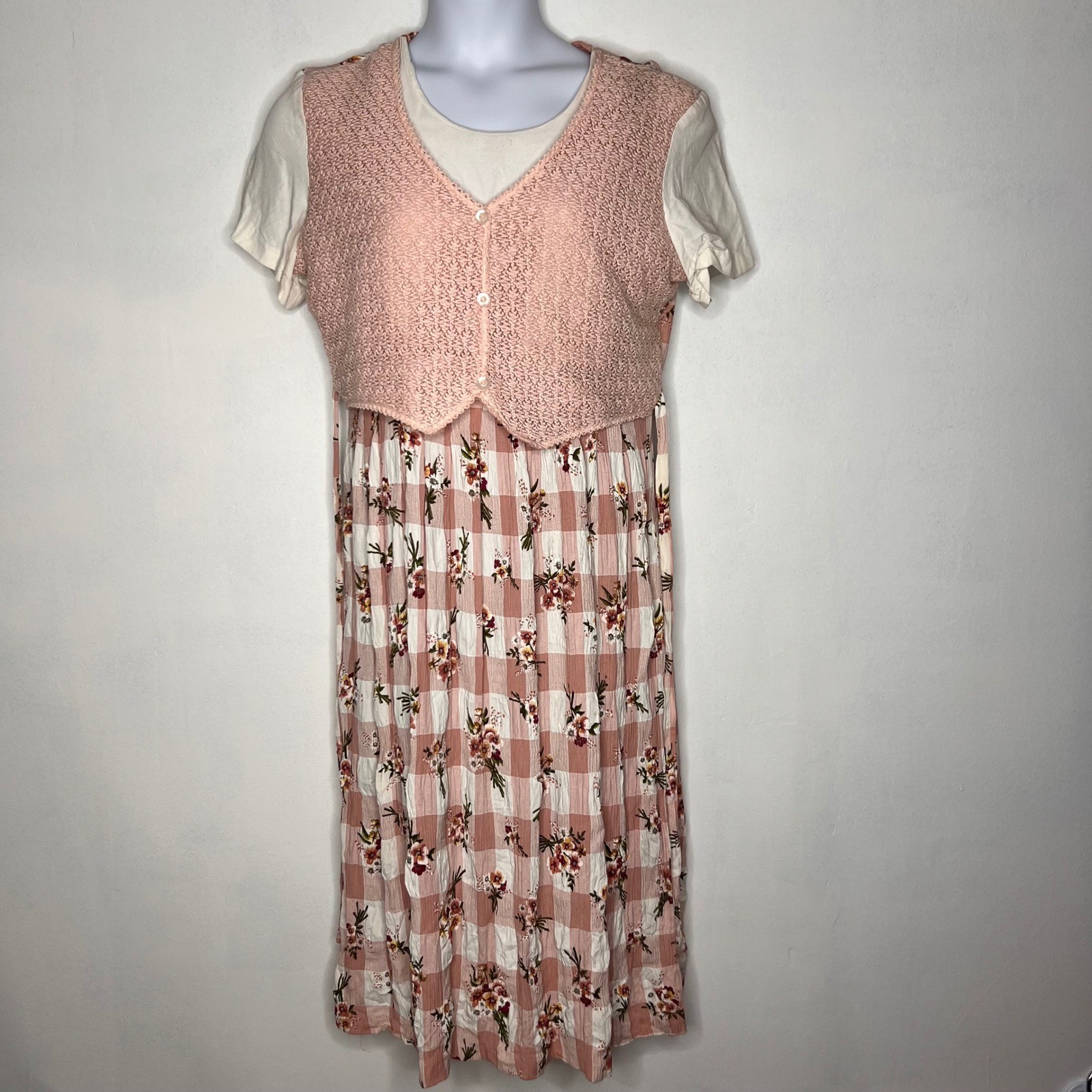 Vintage Allison-Che Floral Plaid Dusty Rose Dress | Size 12/14 | 90s Cottagecore