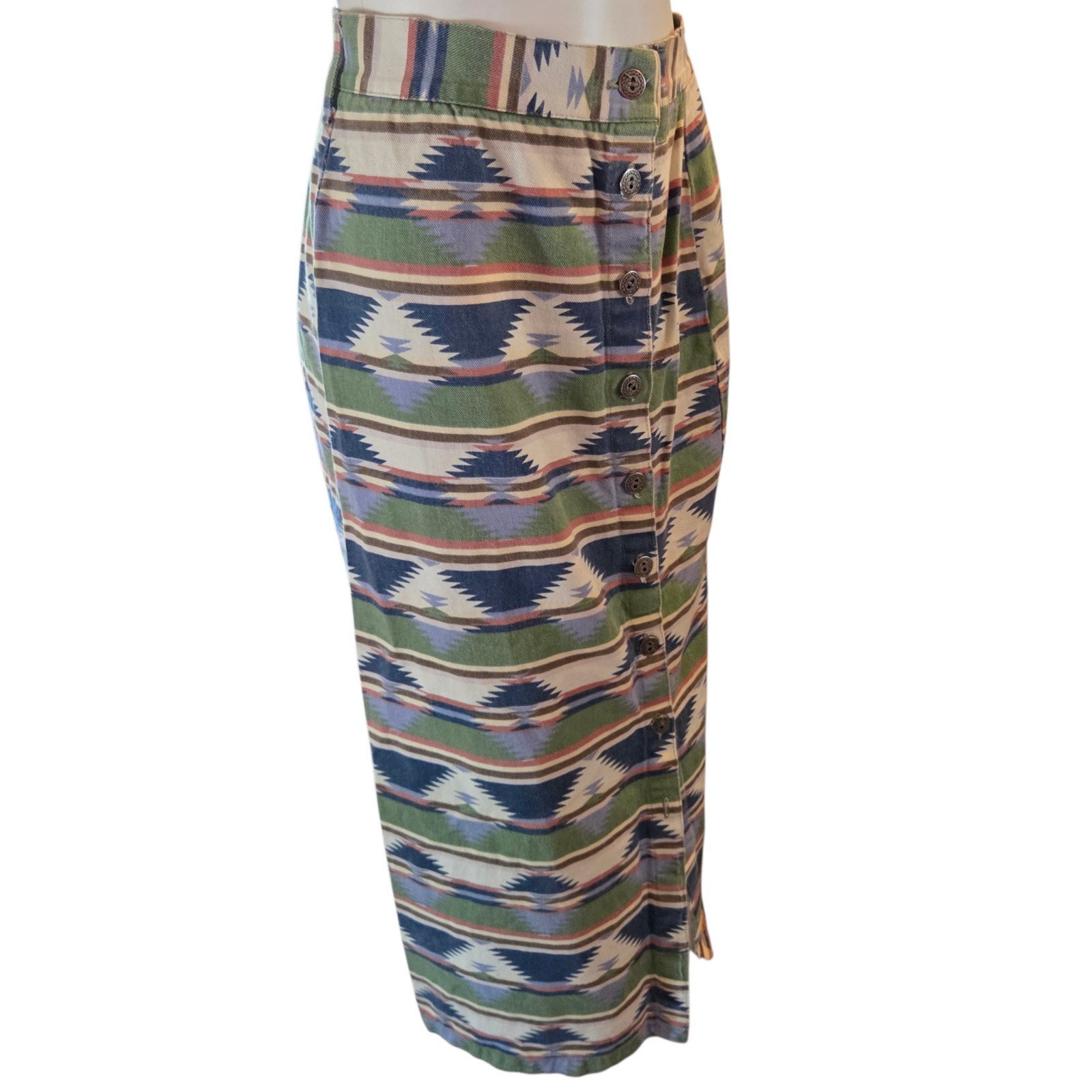 Vintage 90s Venice Blues Denim Southwestern Maxi Skirt Size 10 27″ High Waist