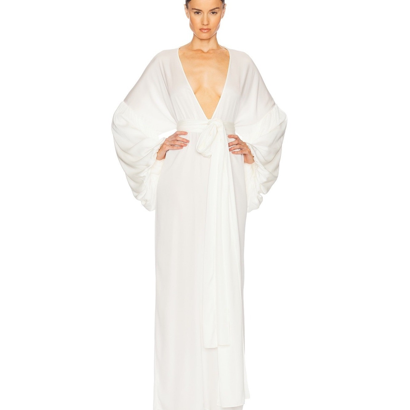 Elegant White Silk Plunging Maxi Dress with Dramatic Sleeves