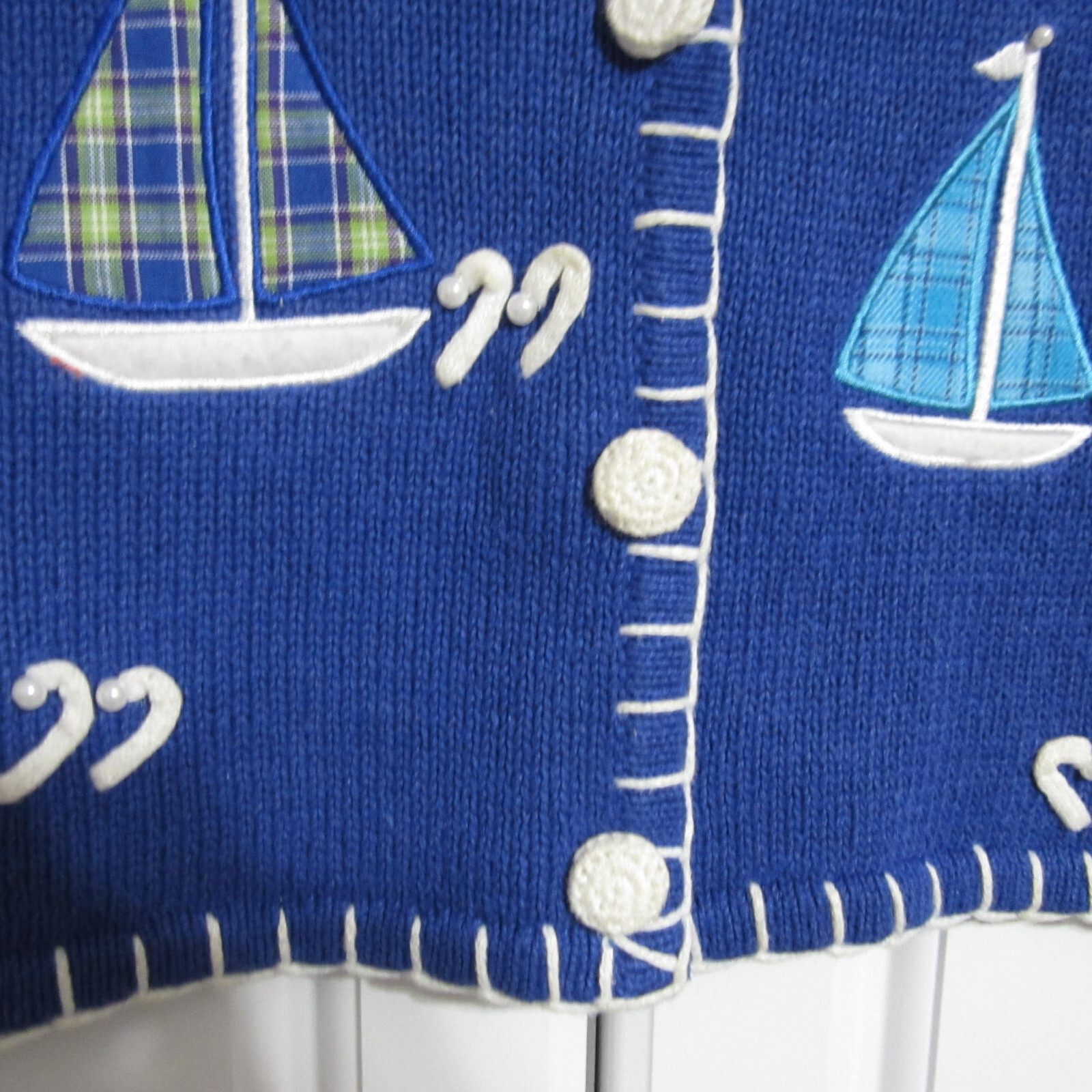 Vintage Mandal Bay Knit Vest Size S/P Blue with Plaid Sailboats & Beaded Detail