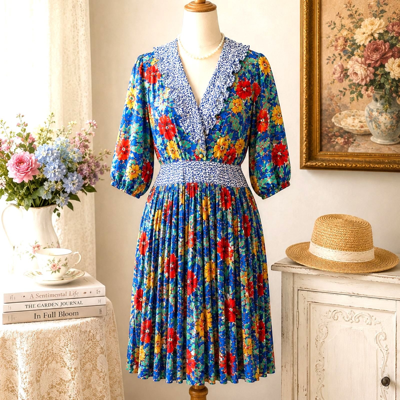 Vintage Susan Freis 1980s Bright Floral Pleated Midi Dress Size M