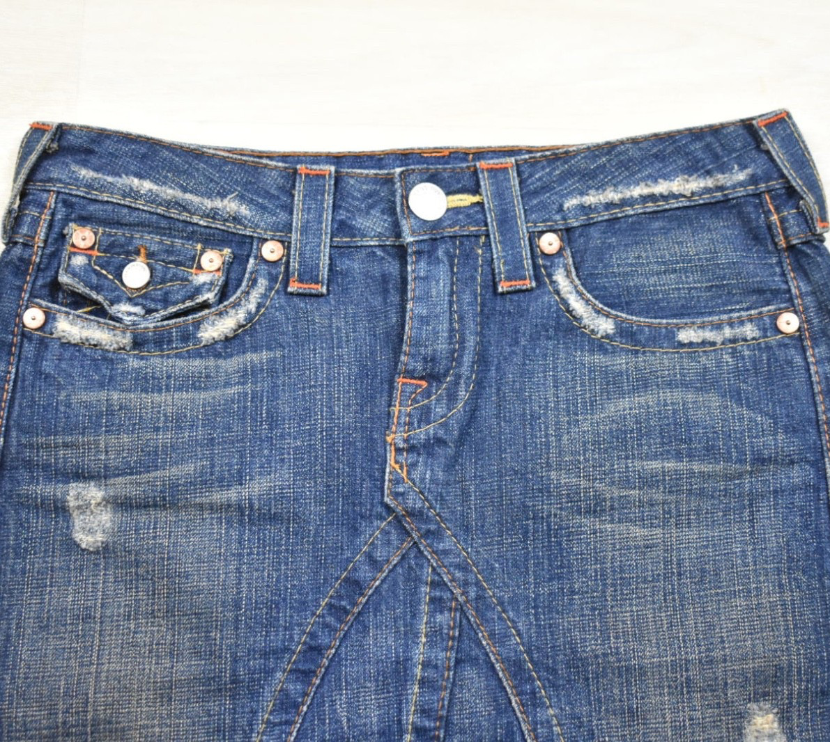 Y2K TRUE RELIGION Joey #18609 Mini Denim Skirt Distressed Flap Pockets 27 VTG