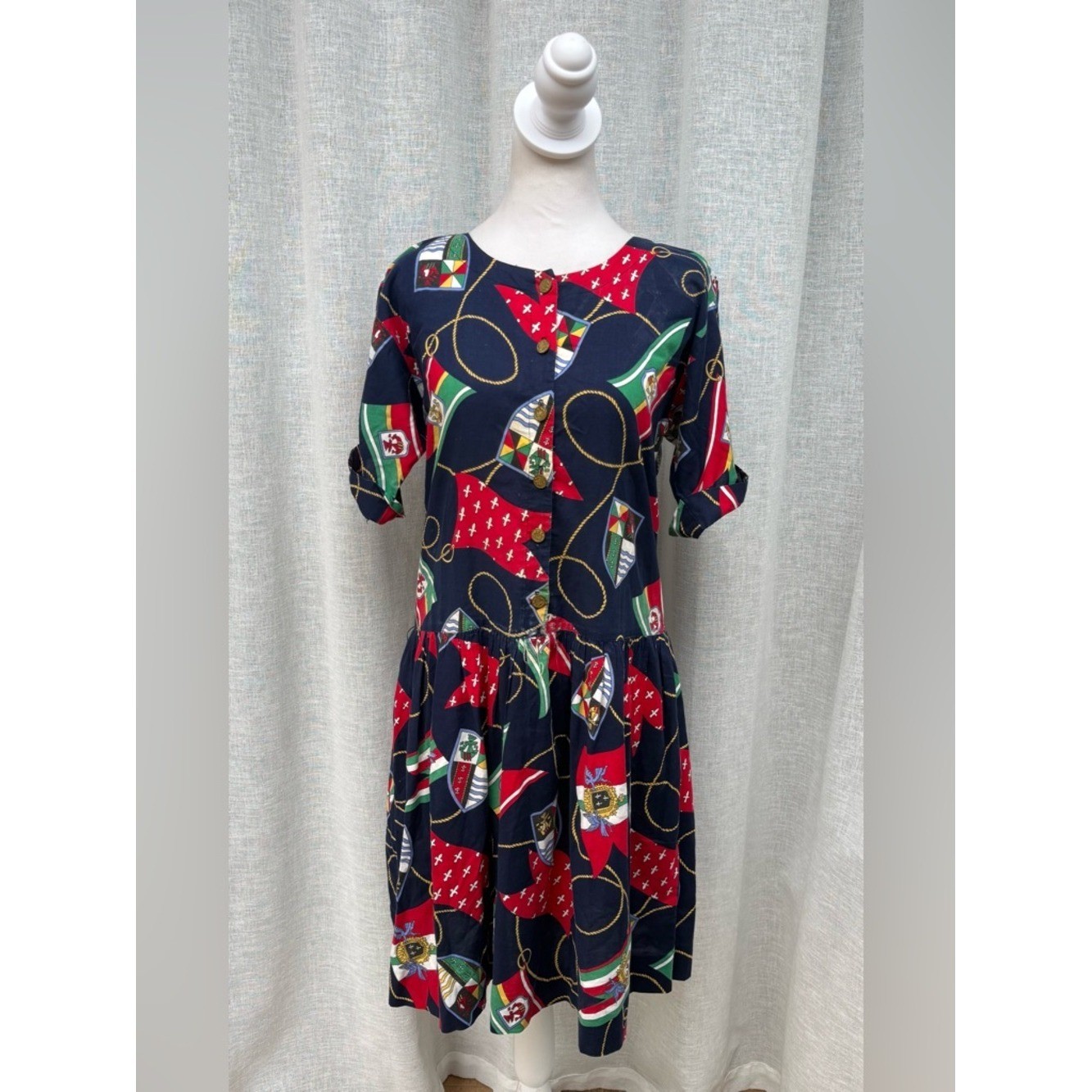 Vintage navy blue red nautical rope flags print button down short sleeve dress