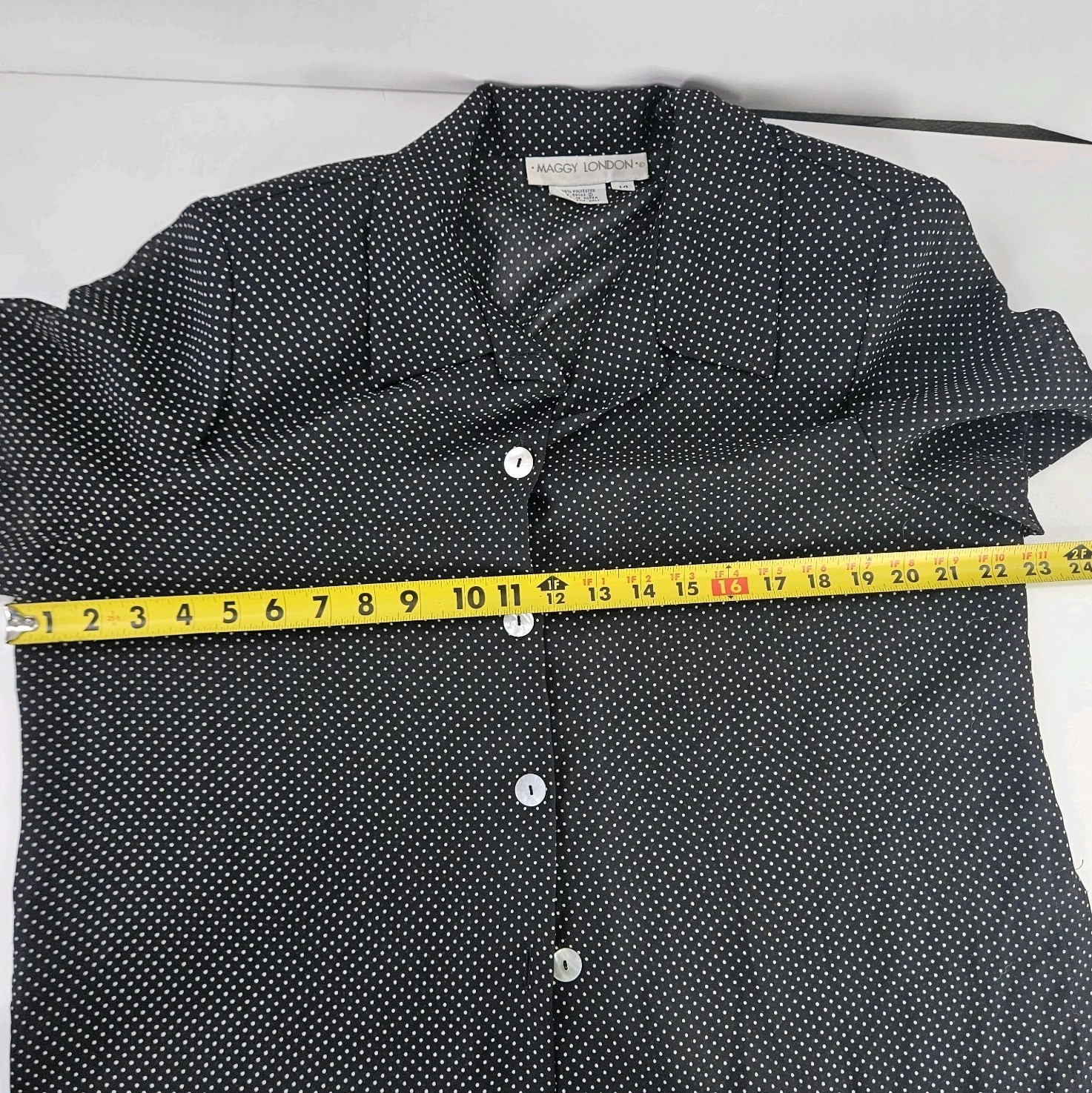 Vtg 80s/90s Maggie London Black White Polka Dot Blouse Shoulder pads L Sheer MOP